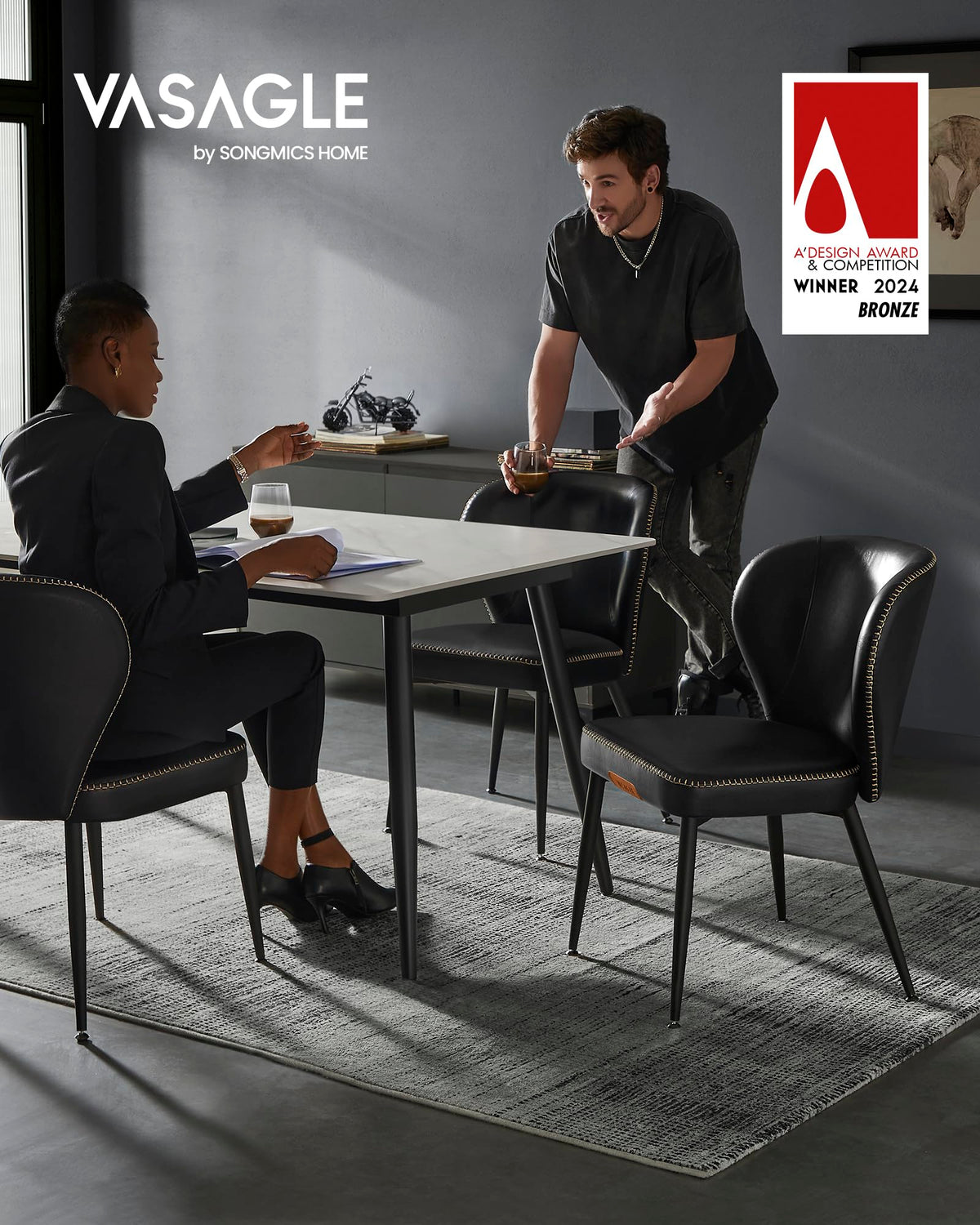 VASAGLE EKHO Collection - Dining Chairs Set of 4, Upholstered Kitchen Chairs, Comfortable Seat, Synthetic Leather with Stitching, Mid-Century Modern, Easy Assembly, Living Room Lounge, Ink Black