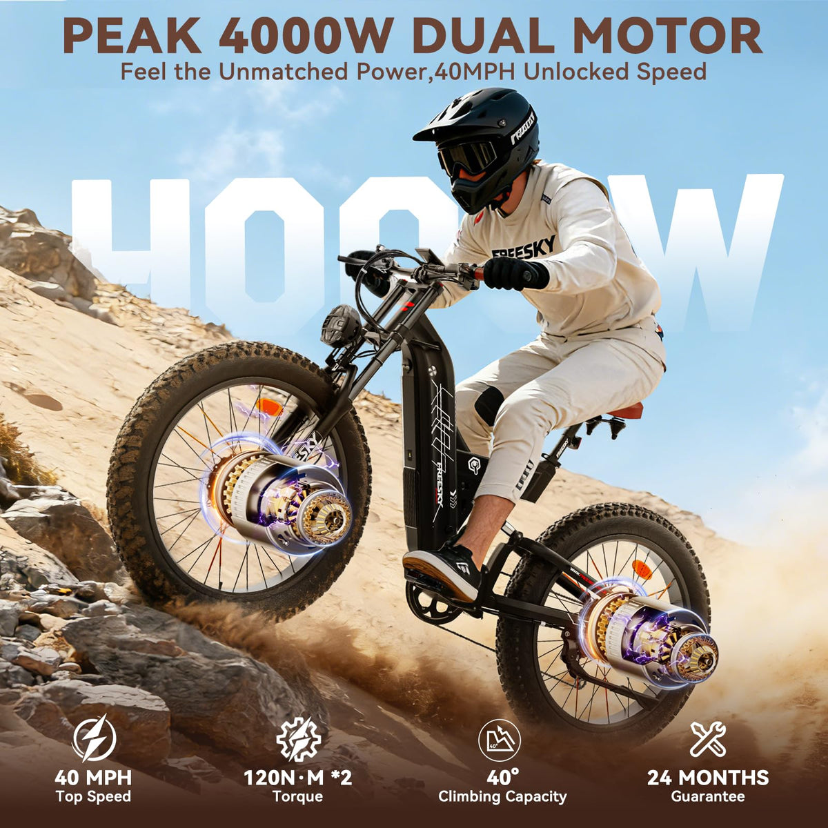 FREESKY 4000W Dual Motor Electric Bike for Adults, 48V 30AH Battery 120Miles Range, 40+MPH AWD Fast E-Bike, 26" Fat Tire Full Suspension Off-Road Mountain E Bike, Black, with Cycling Kits