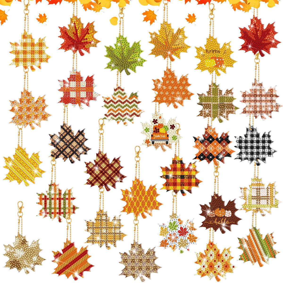 WILLBOND 30 Pcs Fall Thanksgiving Diamond Art Keychains Double Sided DIY Maple Leaf Fall Diamond Painting Keychain Ornaments Kits for Adults Key Ring Art Pendant Thanksgiving Tree Decor