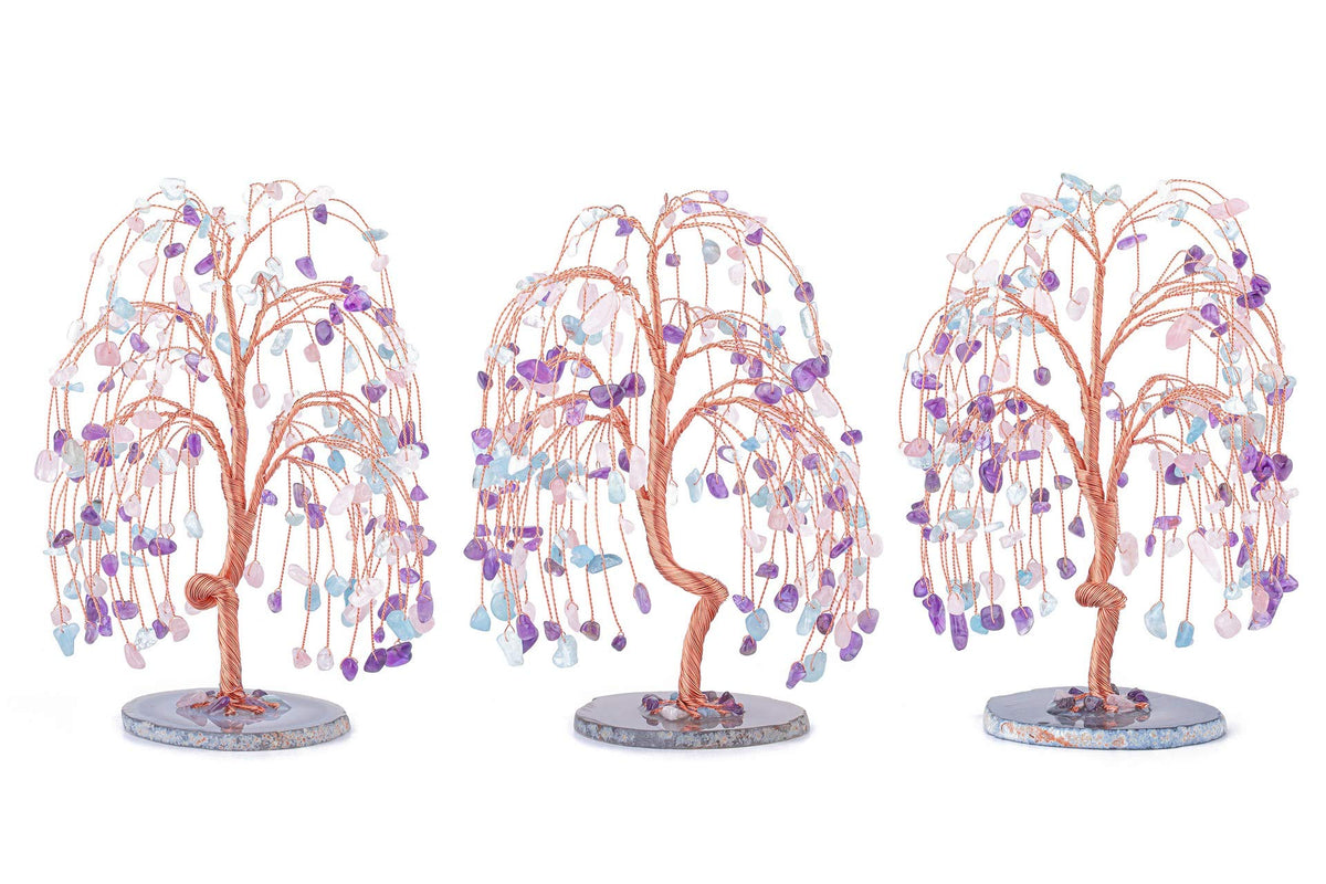 Jovivi Natural Healing Crystals Amethyst/Rose Quartz/Aquamarin Tree Tumbled Gemstone Stones Money Tree, Geode Agate Slices Base Feng Shui Ornaments Home Decoration for Wealth and Luck 5.5"-6.3"