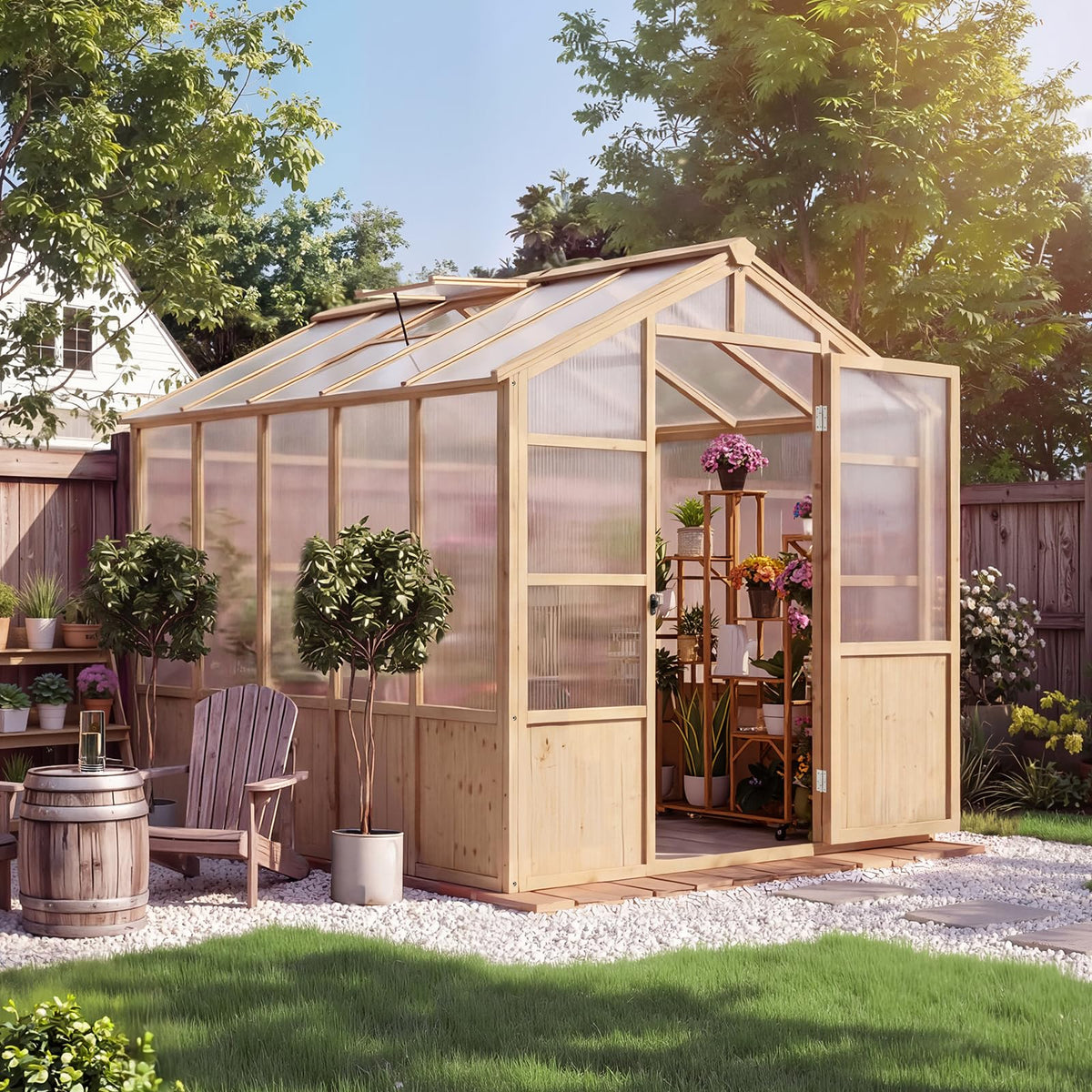 GarveeLife 6'x10' Wooden Greenhouse for Outdoor, Large Walk-in Greenhouse Kit with Ventilated Window, Door & Polycarbonate Panels, Heavy Duty Wood Frame Green House for Patio Garden Backyard