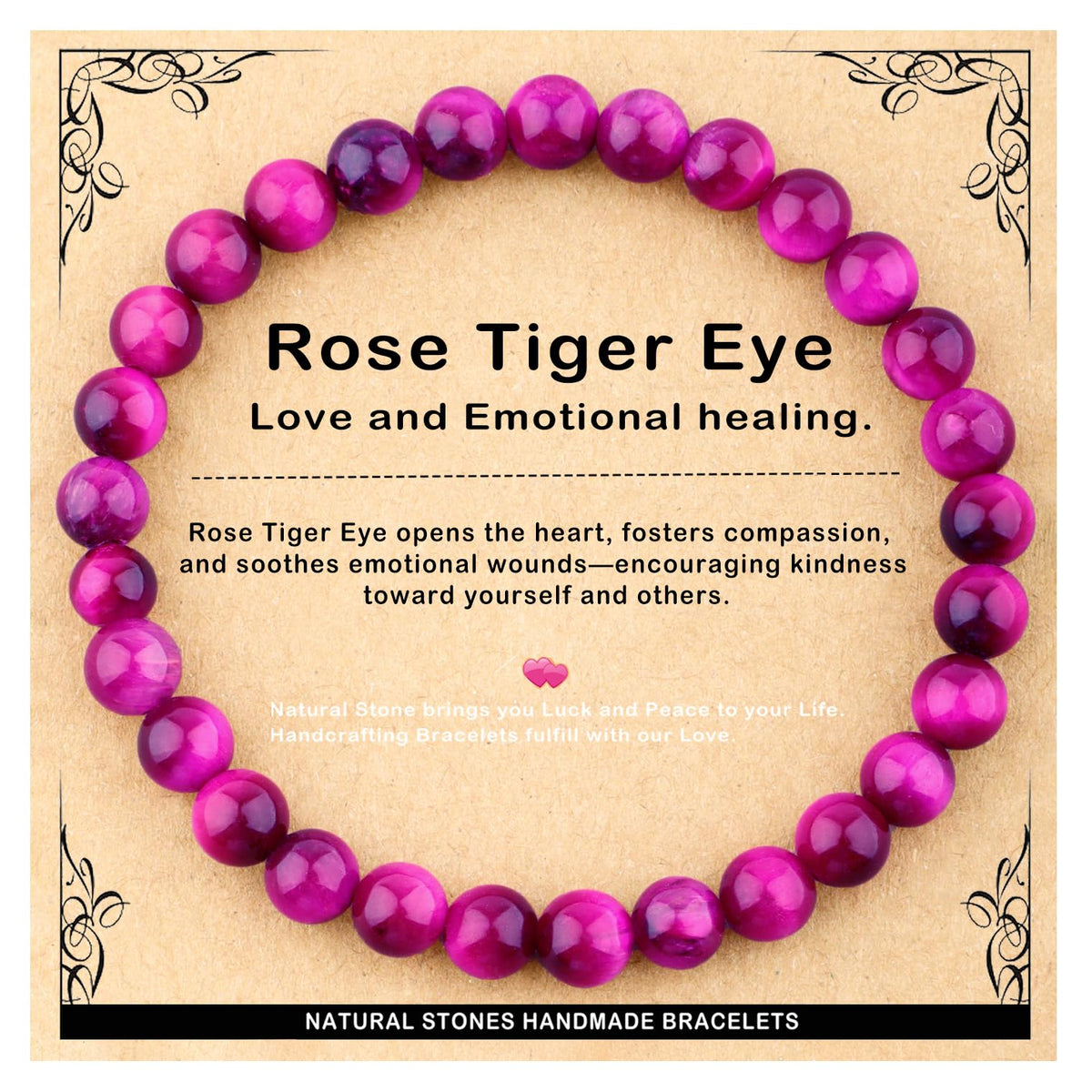 AD Beads 6mm Handmade Rose Tiger Eye Elastic Bracelet – Natural Gemstone for Love,emotional healing. – Meditation, Yoga, Healing and Energy Gift for Men Women