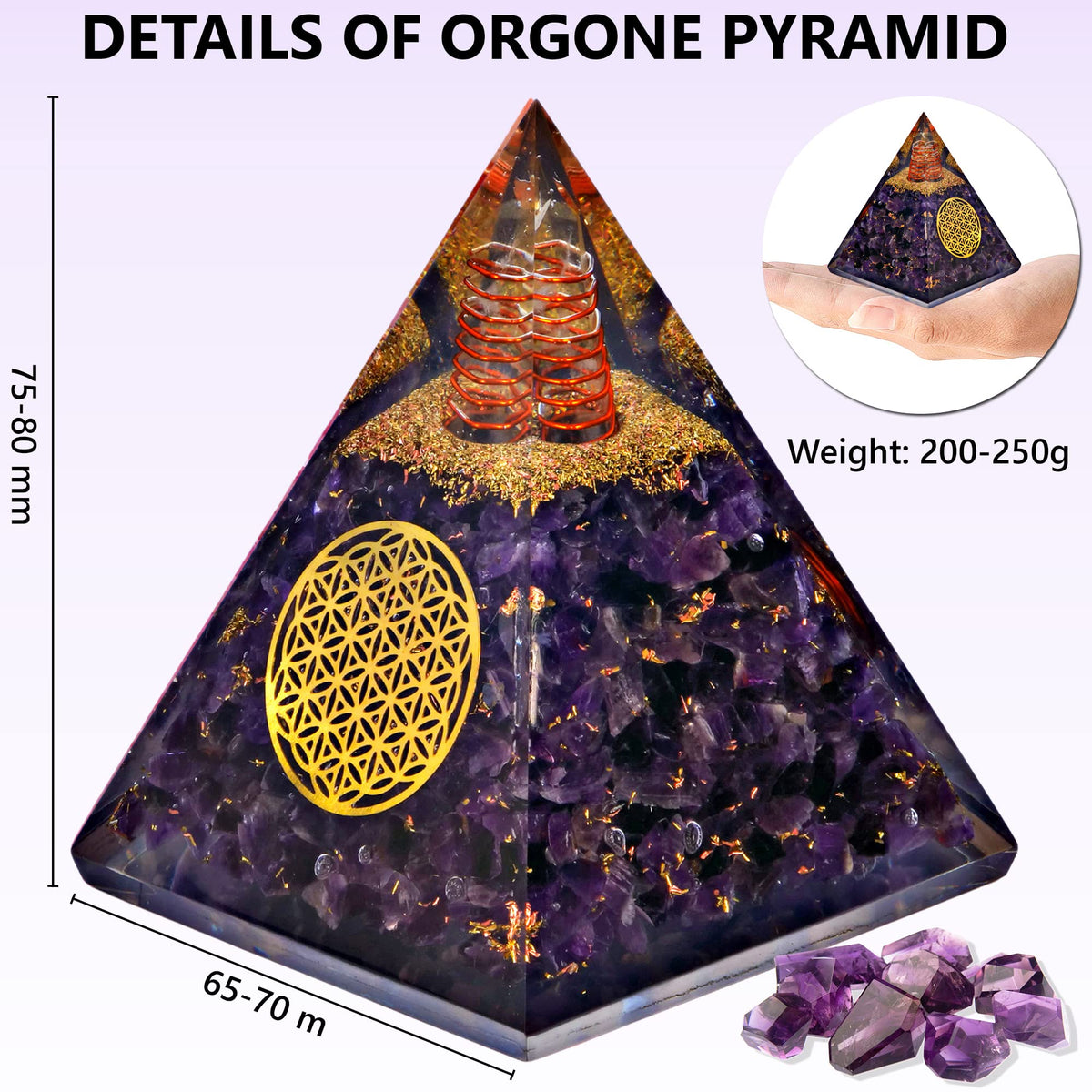 Anaya Agate Orgone Pyramid – Handmade Amethyst Crystal Pyramid – Orgonite Pyramids with Amethyst Crystal Stone, Flower of Life – Crystals and Healing Stones for Spiritual Wisdom and Awakening