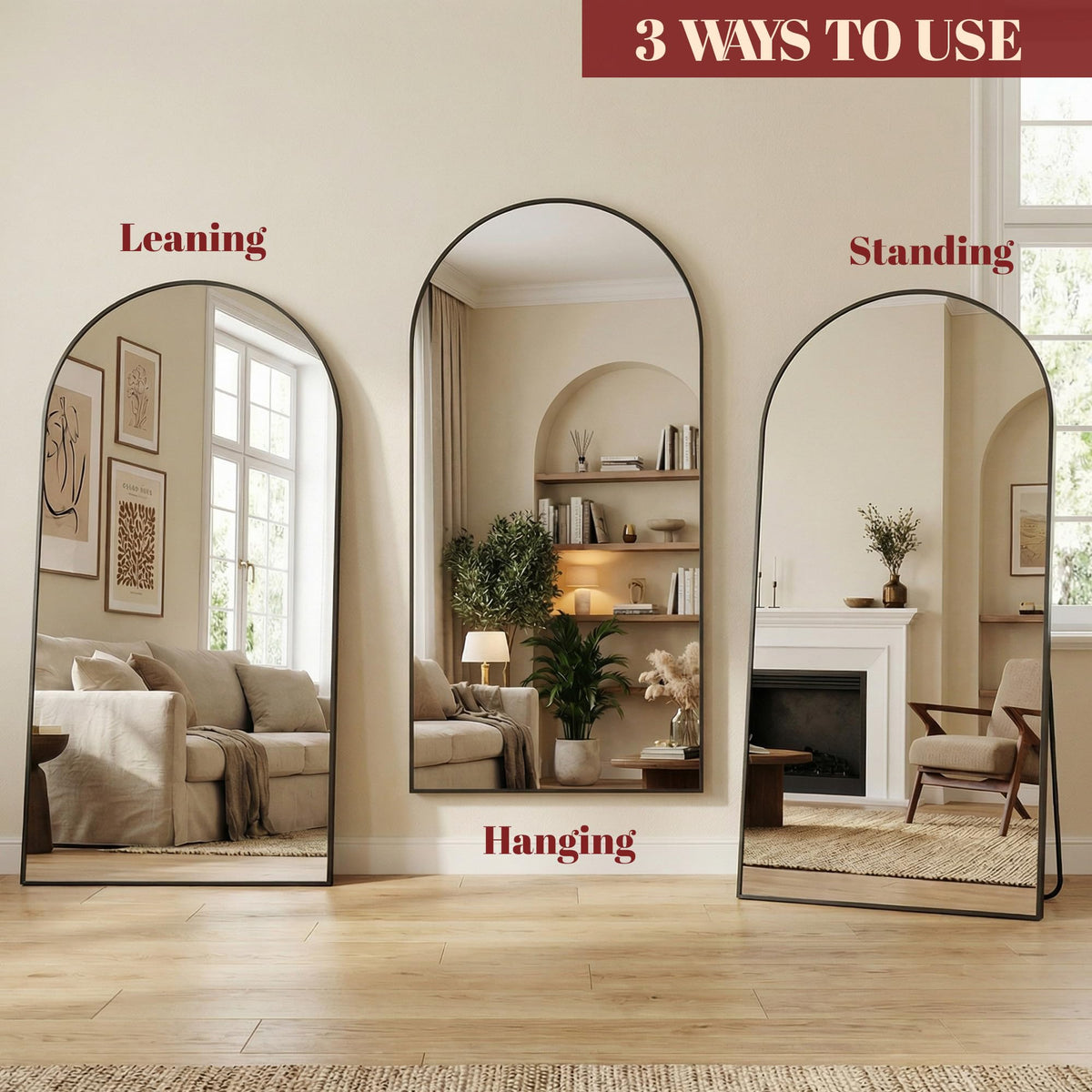 Suidia 88"x44" Arched Full Length Mirror with Stand, Full Body Mirror with Aluminum Frame, Freestanding/Leaning/Wall-Mounted, Floor Mirrors for Bedroom, Living Room, Entryway, Dressing Room, Black