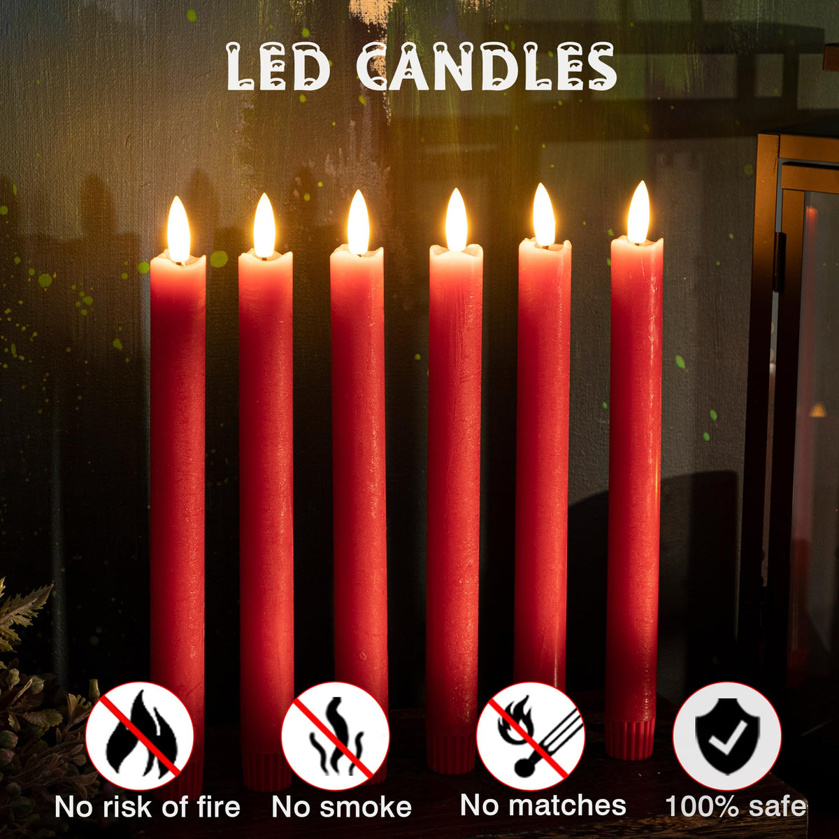 AFINETH Red Flameless Taper Candles with Rmote, 9.6" Real Wax Battery Operated Candles with 3D Wick, 6 Pack Flickering Led Candlesticks, Electric Candle for Home, Wedding, Party, Decor