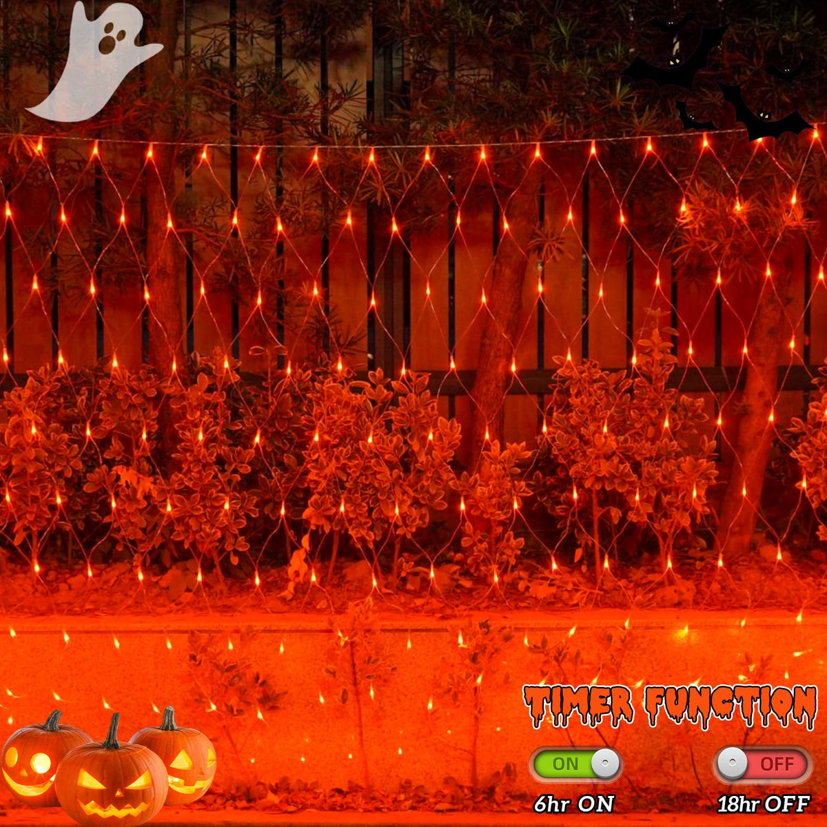 YEGUO Orange Halloween Lights, 12ft x 5ft 360 LED Net Lights Outdoor Mesh Lights, 8 Modes Clear Wire Christmas Bush Light Plug in