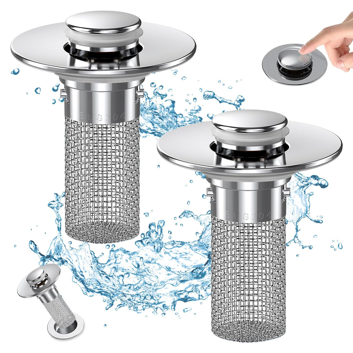 Bathroom Sink Drain Strainer, Pop Up Sink Drain Filter with Removable Stainless Steel Filter Basket Hair Catcher, Bathroom Sink Drain Stopper, for Us Bathroom Sink Stopper Replacement (2pcs)