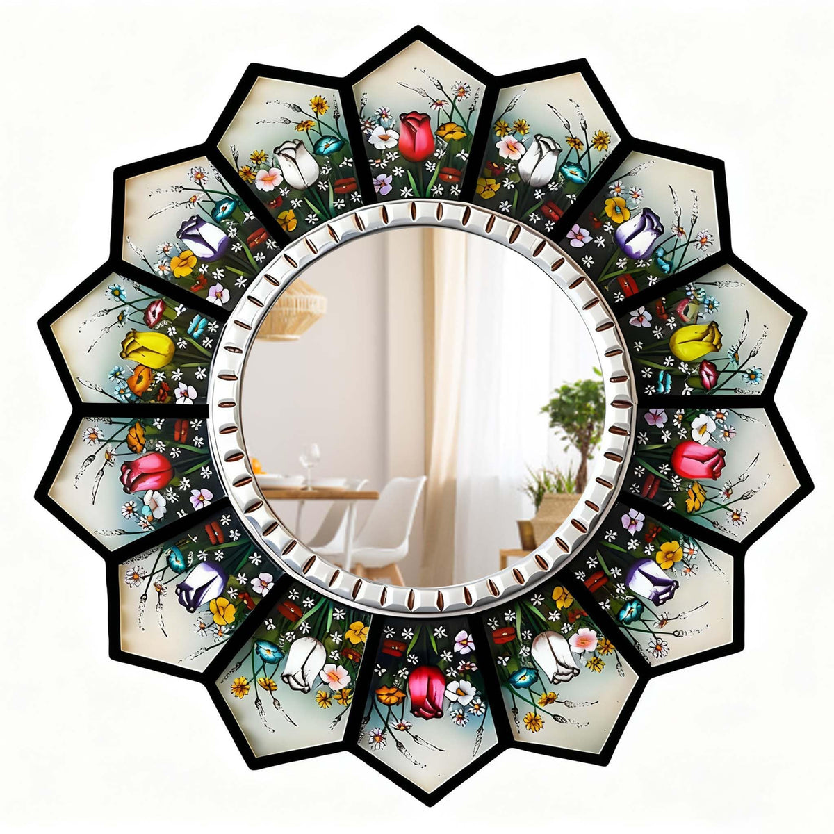 WTVLAX Sunburst Mirror Design Featuring Moroccan Style,2D Pattern 11.8inch Home Decorative Mirror for Living Room Bedroom Entryway The Pattern is Printed (Tulip+Sunburst)