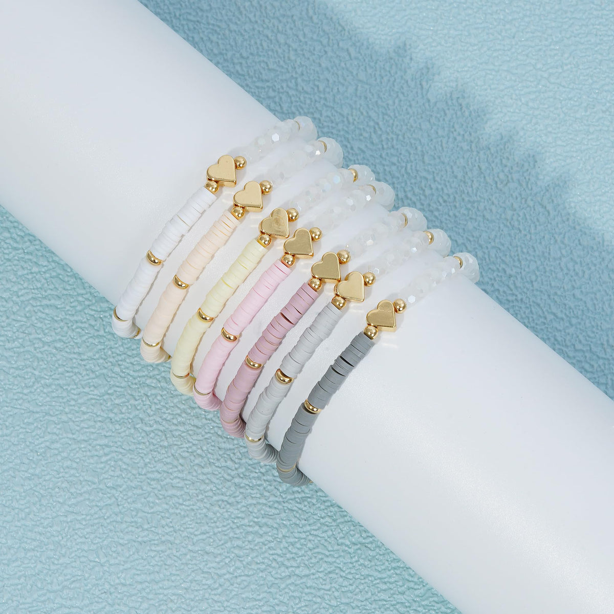 RISHEGAE Heishi Beaded Stretch Bracelets for Women Stackable Gold Polymer Clay Beads Bracelets Friendship Boho Summer Beach Bracelet Jewelry Set (C-Small gray clay 7pcs)