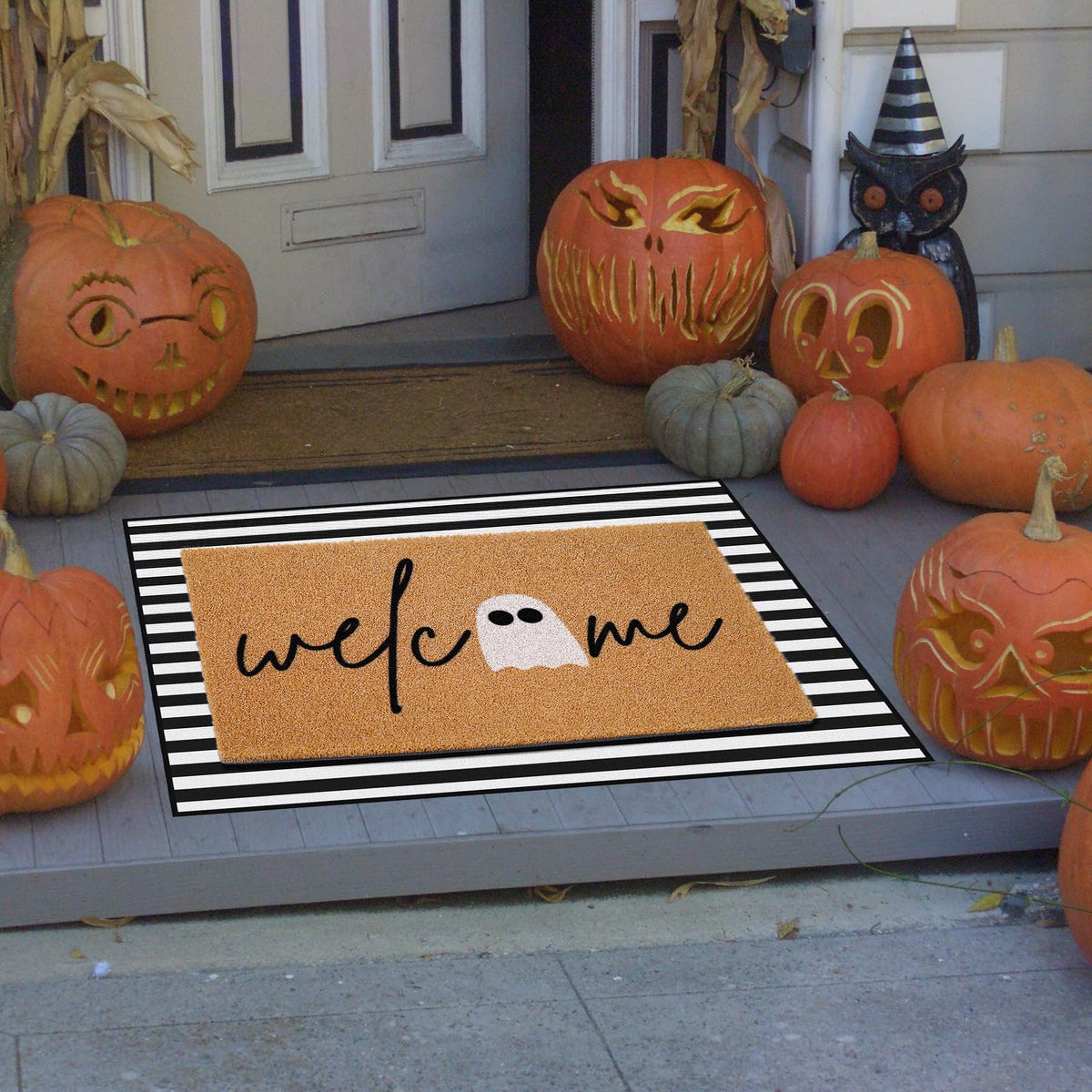 JarThenaAMCS 2Pcs Halloween Door Mat Combo Set 16.5" x 29" Cute Ghost Imitation Coir Welcome Doormat with 23.6" x 35.4" Black White Stripe Rug for Indoor Outdoor Home Bathroom Decor