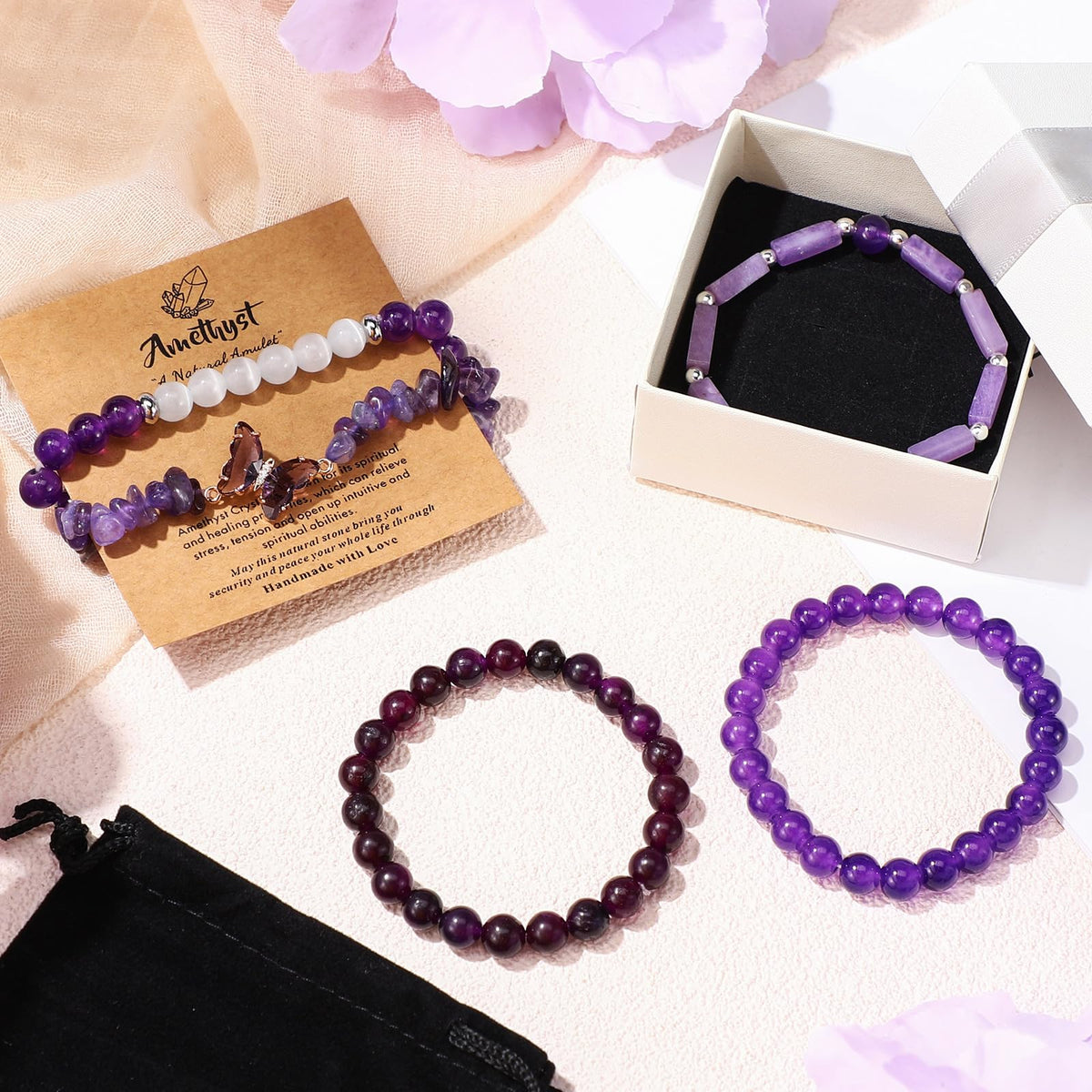 Huquary 5 Pcs Amethyst Bracelets Jewelry for Women Purple Butterfly Bracelet Healing Crystal Gemstones Beaded Charms Anxiety Stress Gifts for Women Men Mom Birthday
