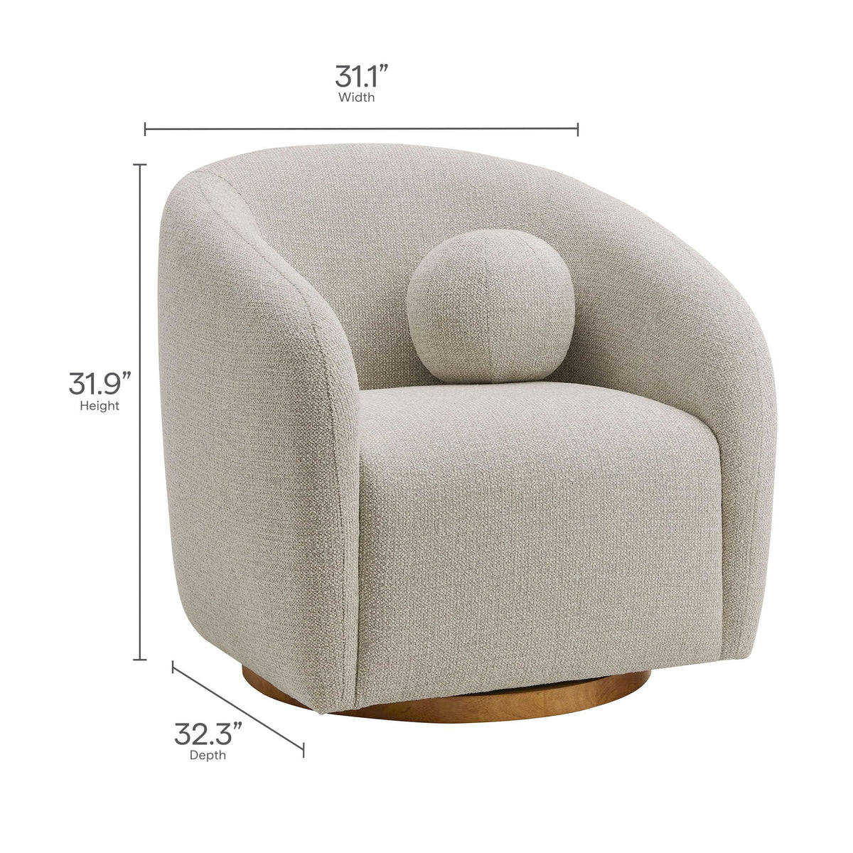 Modway Holland Curved Swivel Armchair in Dove Gray – Chenille Fabric Barrel Chair with Ball Throw Pillow and Wood Base – Mid-Century Modern Curved Living Room Accent Chair
