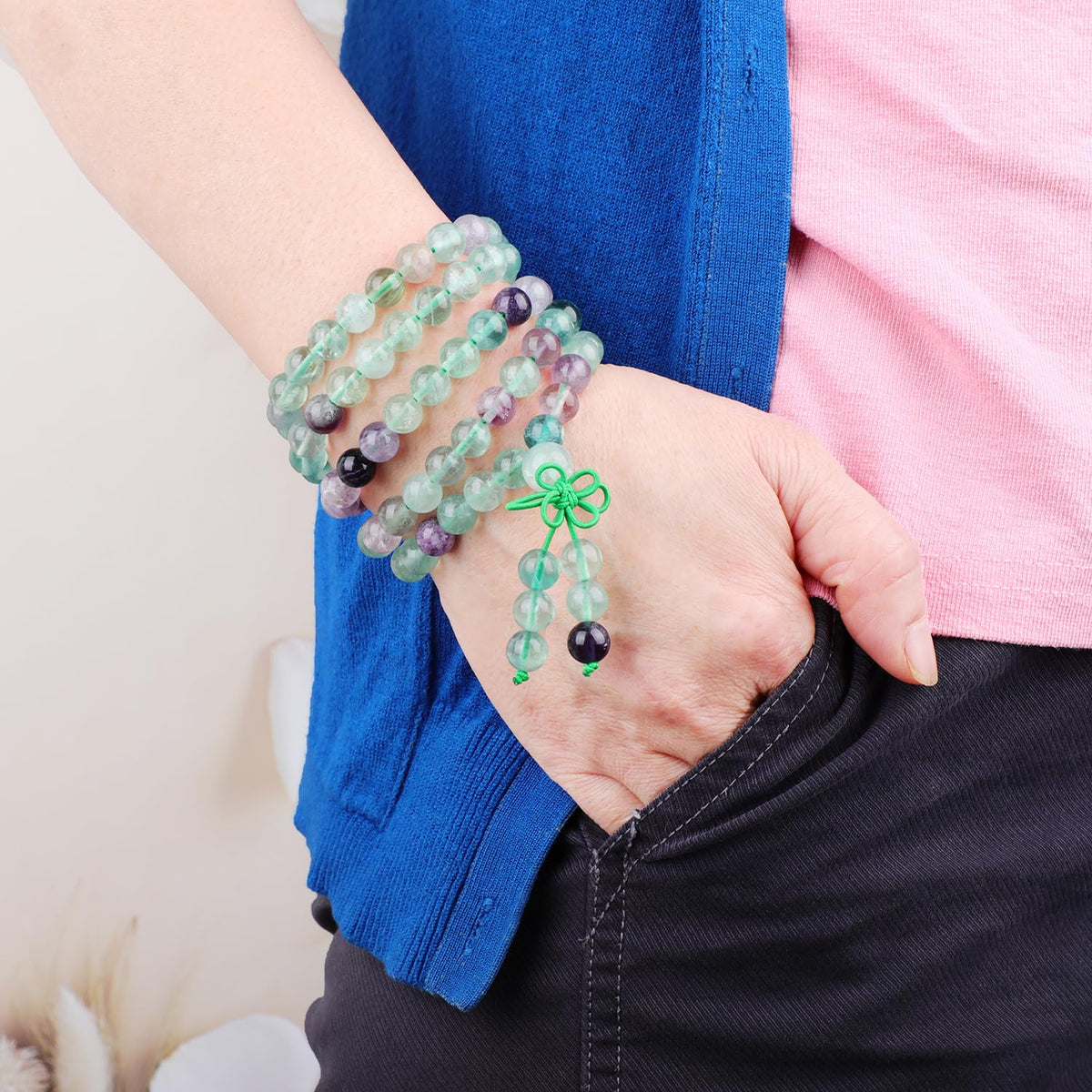 AD Beads 8mm 108 Prayer Mala Fluorite Elastic Bracelet - Wisdom and Creativity - Handmade Yoga Meditation Healing Power Energy Gifts for Unisex Adult.