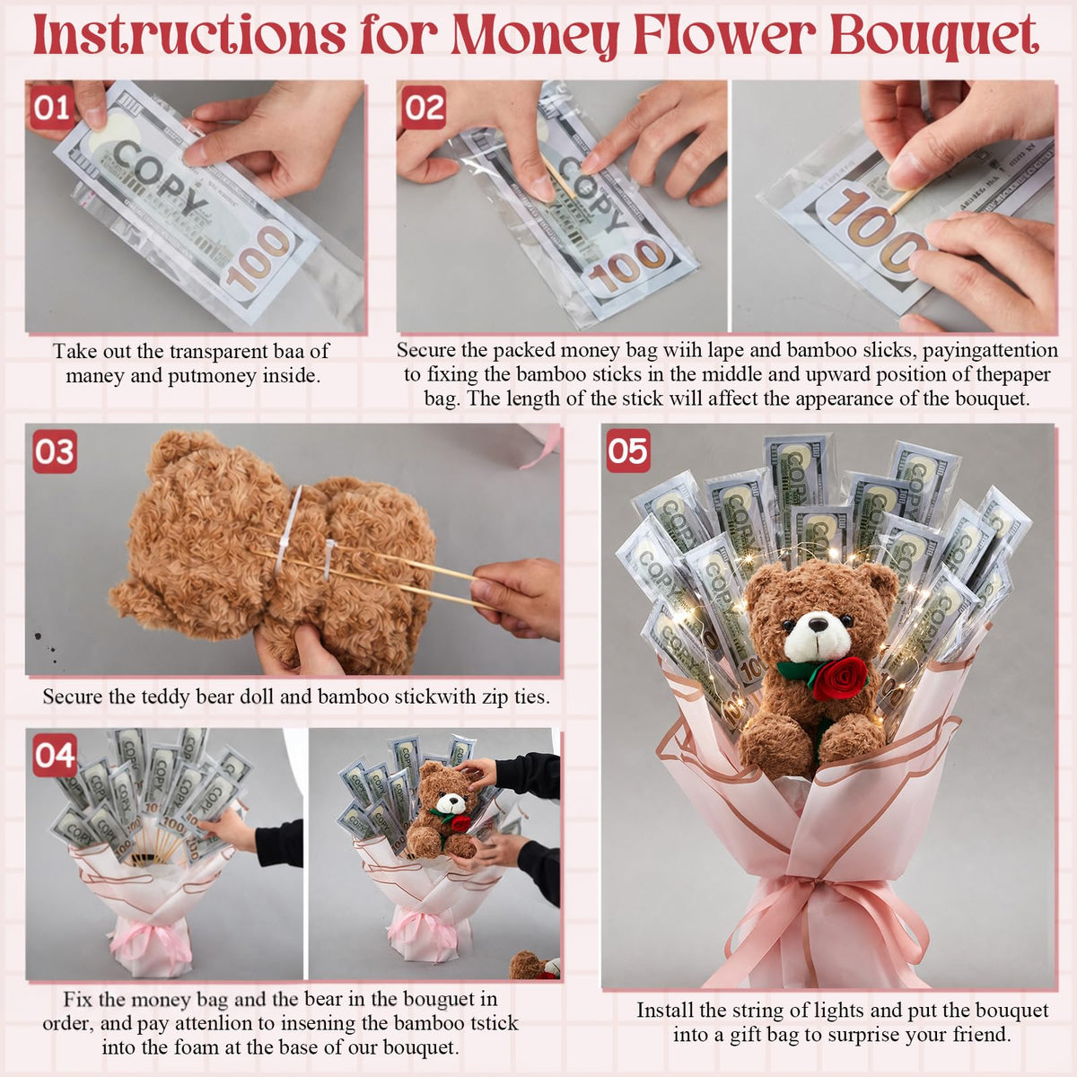 Mimorou DIY Money Bouquet Kit with Teddy Bear, Graduation 2026 Gift, Cash Flower Bouquet Wrapping Set for Birthday, Anniversary Present for Wife Grandma(Floral Bear,Pink Gold)