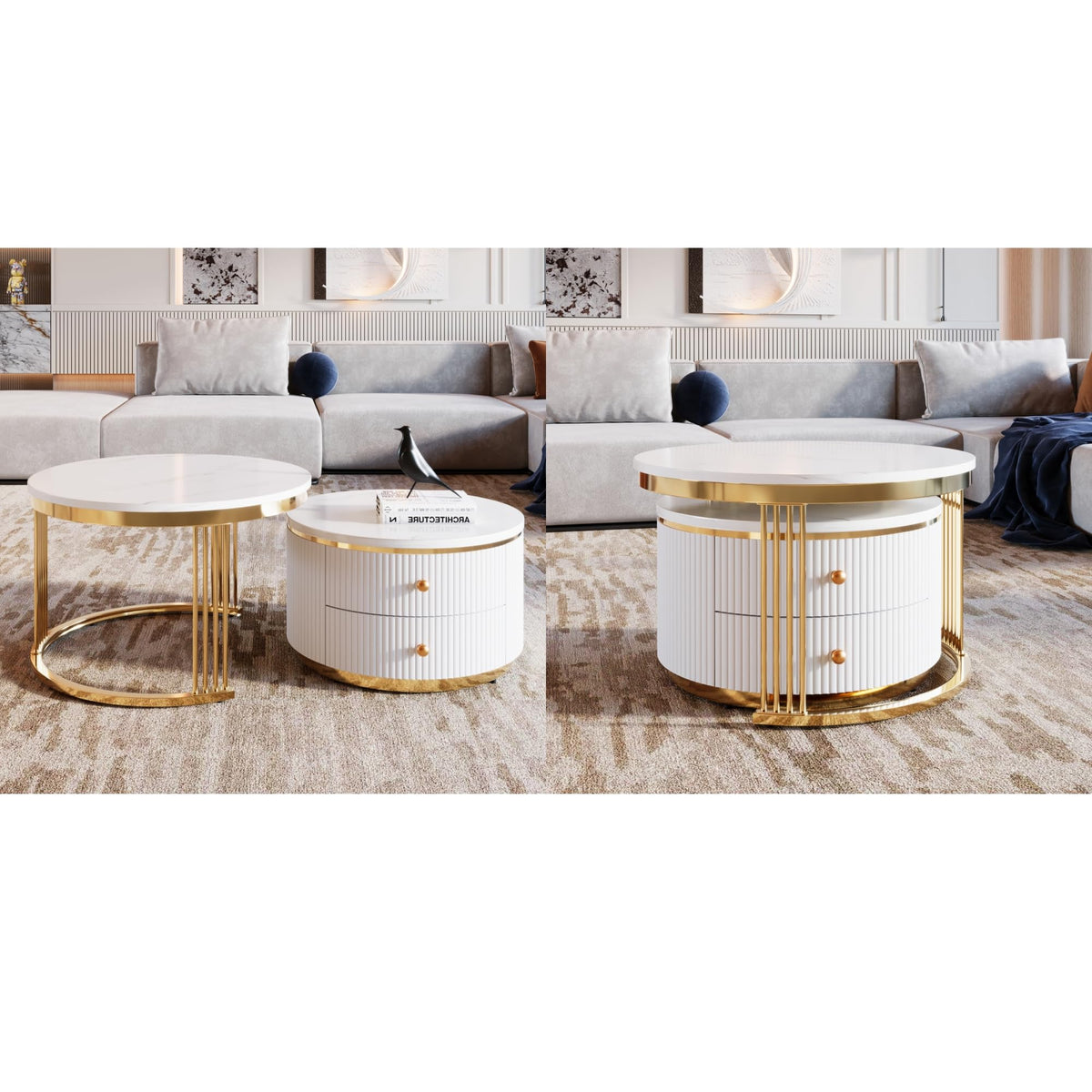 Merax 27.6'' Round Nesting Coffee Table, Modern with 2 Large Drawers Storage, Gold Finish End Tables for Living Room Apartment, Gold+White