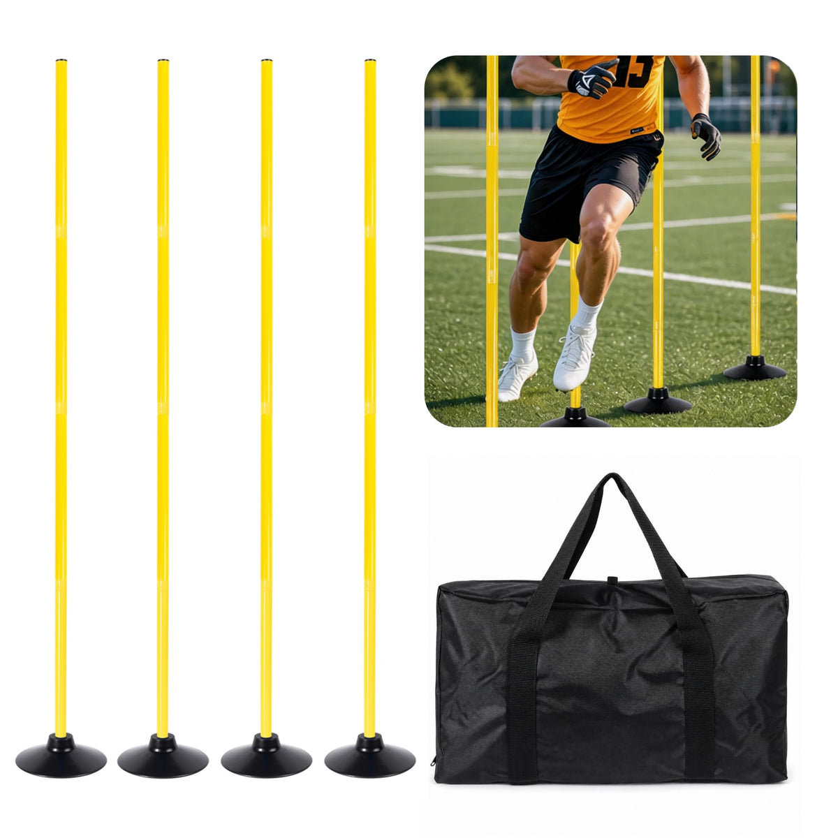 4 Pack Soccer Agility Training Poles, 5 FT Adjustable Speed and Agility Training Equipment for Football/Basketball/ Dog Practice, Bending Poles for Horses with Rubber Bases and Carry Bag (Yellow)