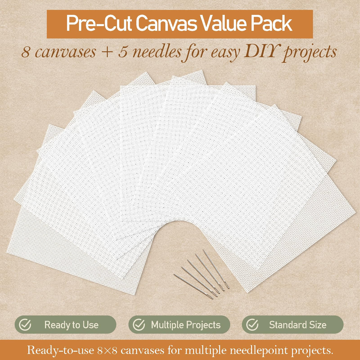 Needlepoint Canvas 13 Mesh, 8 Pack 8 x 8 Inch Pre-Cut Cotton Blank Embroidery Fabric with 5 Needles, Blank Canvas for Needlepoint, Canvaswork & DIY Craft Supplies, No-Fold Packaging