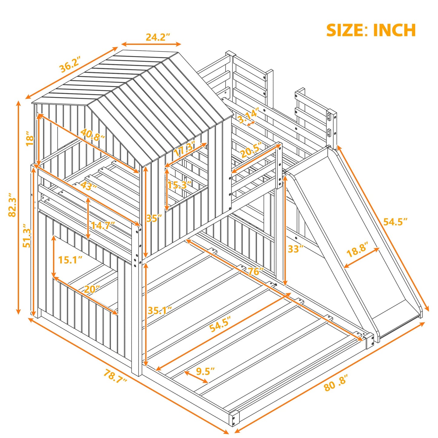 Twin Over Full Bunk Bed Frames with Slide, Safety Guardrails and Ladder for Teens, Girl or Boys, House Shape, Gray