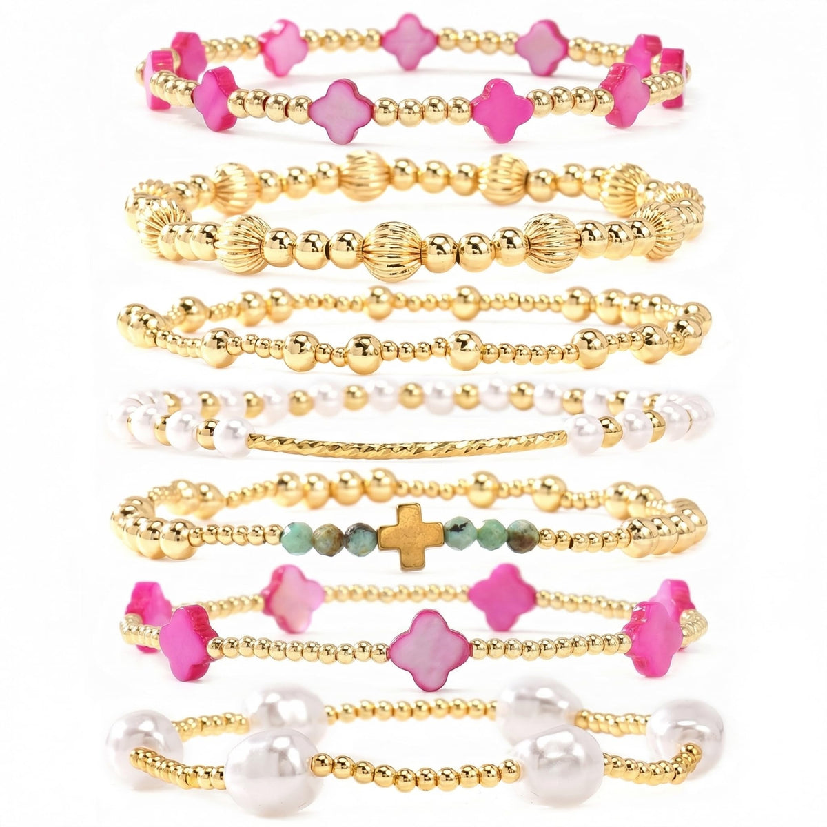 SHINUS BOHO 14K Gold Beaded Pink Clover Stackable Bracelets for Women,7PCS/Set Boho Cross Pearl Beads Stretch Bracelet Stack Fashion Holiday Birthday Prom Jewelry Accessories Gift Friendship Sister