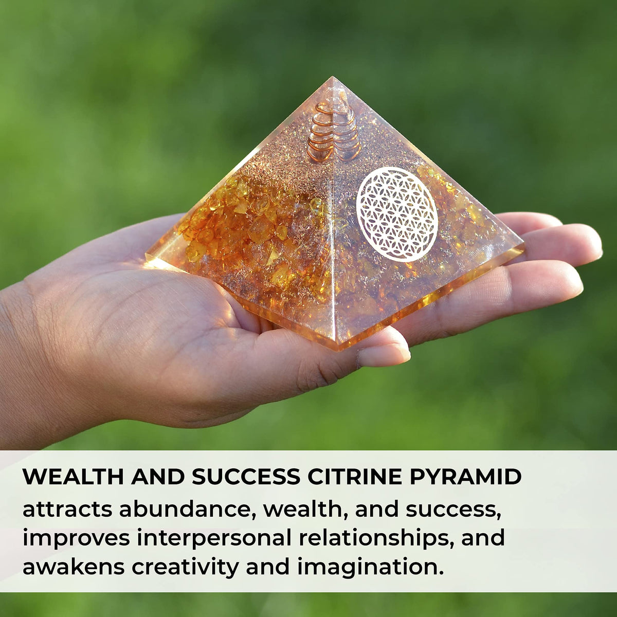 Orgonite Crystal Citrine Flower of Life Orgone Pyramid for Wealth and Success – Merchant’s Stone for Comfort and Positive Energy - Crystal Carries Power Of Sun - Handmade In India