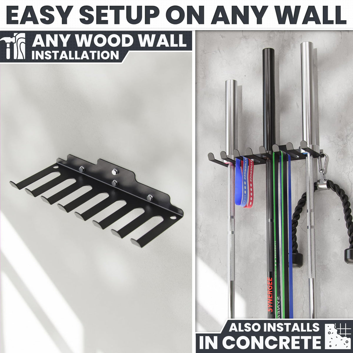 Synergee Wall Mounted Barbell Holder & Gym Accessory Rack Heavy Duty Steel 7 Bracket