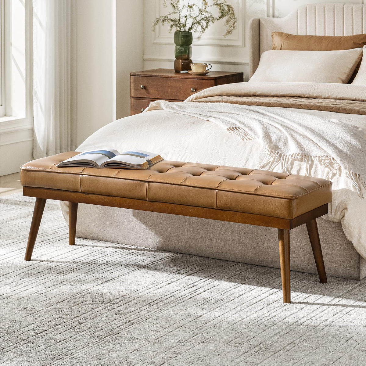HULALA HOME 55.5" Genuine Leather Bench, Button-Tufted Entryway Bench with Solid Wood Legs, Upholstered End of Bed Bench for Bedroom, Camel