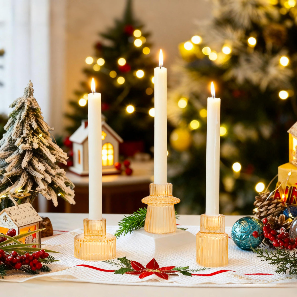 WELLIFE 3 Pcs Gold Glass Candle Holder, Taper Candle Holder, Gold Candlestick Holders for Party, Wedding Decorations, Table Centerpieces and Thanksgiving
