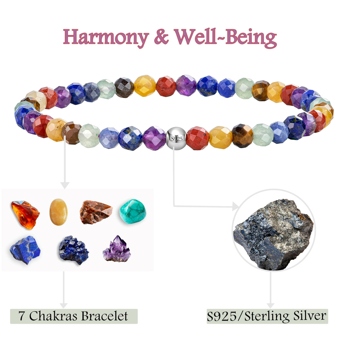 Farfume Chakra - Balance & Harmony - Beaded Bracelets for Women,Handmade Natural Stone 4mm Beads 925 Sterling Silver Stretch Bracelets, Chakra Crystal Gemstone Jewelry Gifts