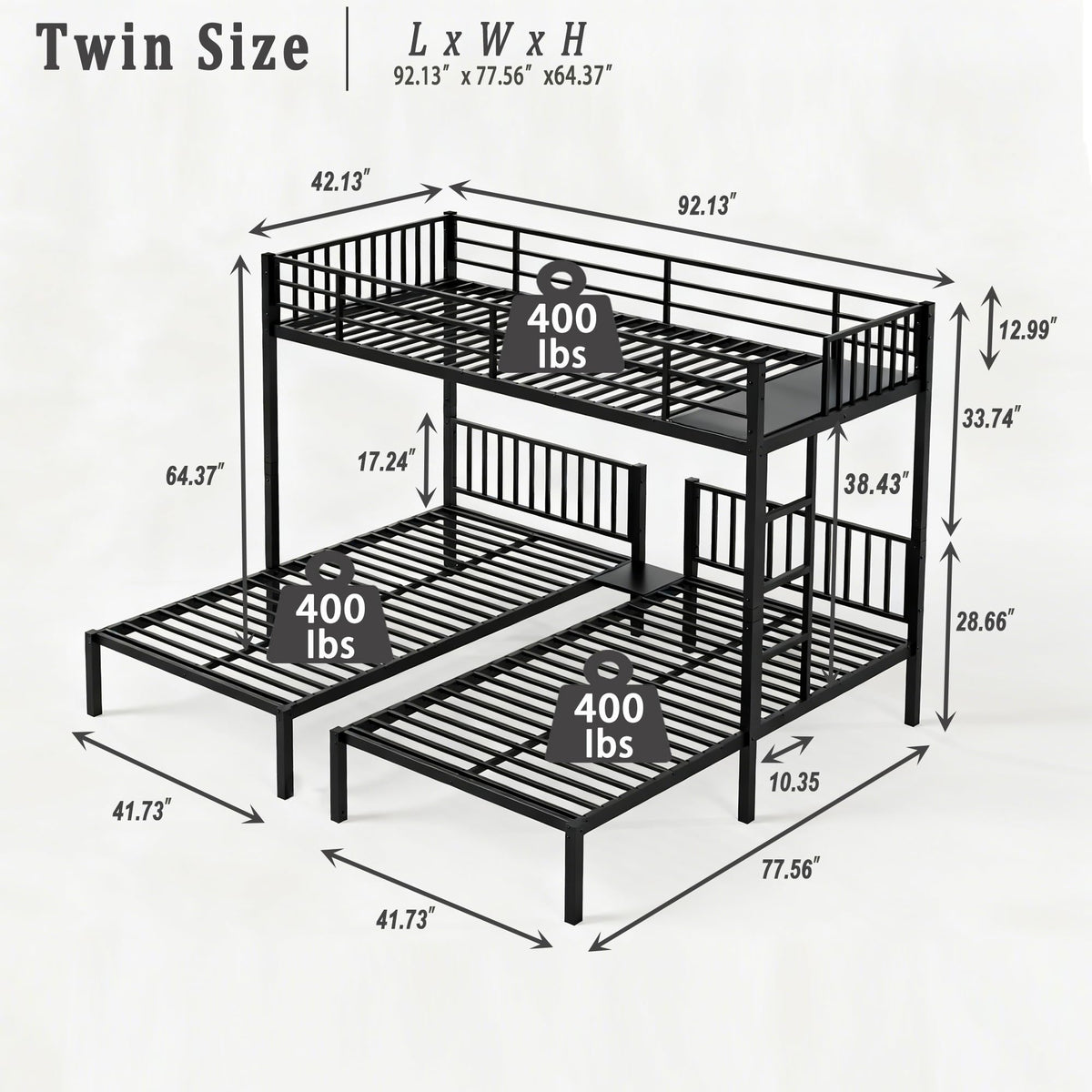 Bellemave Twin Triple Bunk Bed for Kids, Teens,Adults, Metal Twin XL Bunk Beds for 3, 3 bunk Bed for 3 Kids, Adults（Heavy Metal, Black）