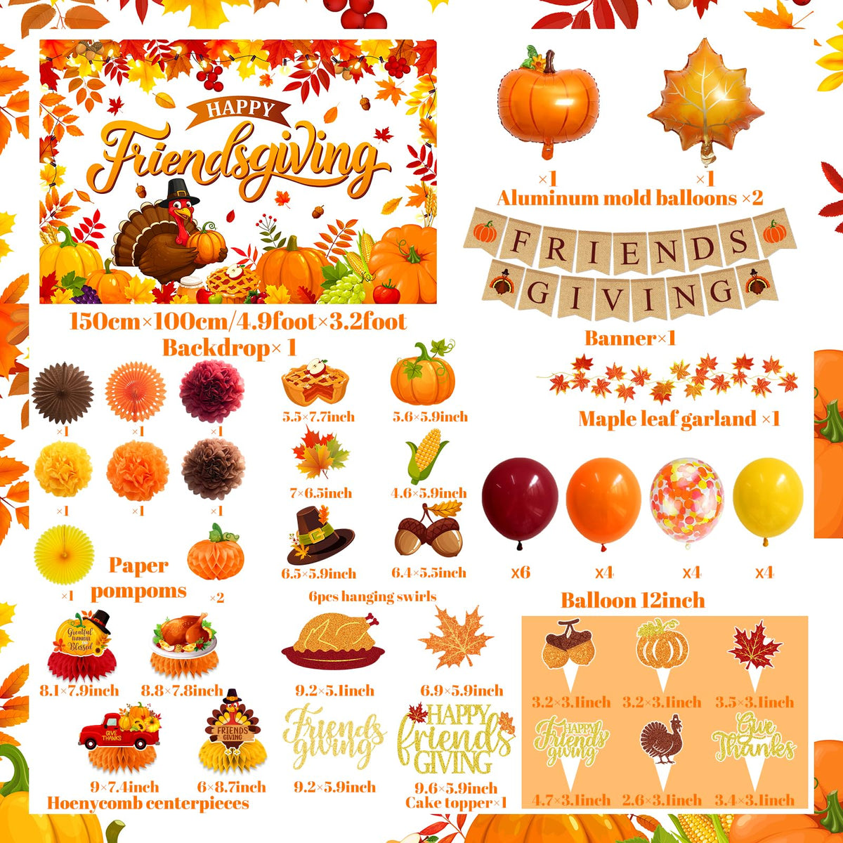 Friendsgiving Decorations - Autumn Thanksgiving Party Supplies Include Happy Friendgiving Backdrop,Honeycomb Centerpiece,Pom Poms and Pumpkin Balloons