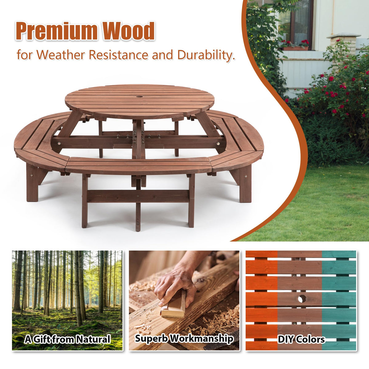 10-12 Person Round Outdoor Wooden Picnic Table with 1.97" Umbrella Hole, 70 Inch Heavy Duty Circular Backyard Patio Garden Table for Large Family Gathering, Rustic Fir Wood Dining Set, Walnut Brown