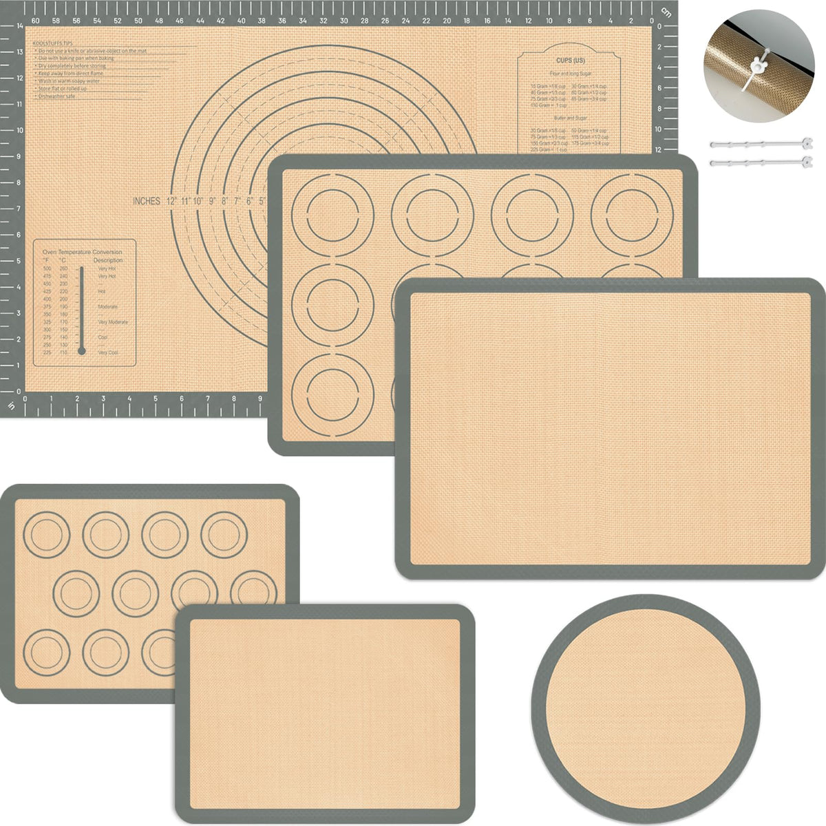 Silicone Baking Mat Set of 6, Nonstick Pastry Mat, Reusable Macaron Silicone Baking Mats & Round Pizza Mat, Cookie Baking Supplies for Macaroons, Pizza