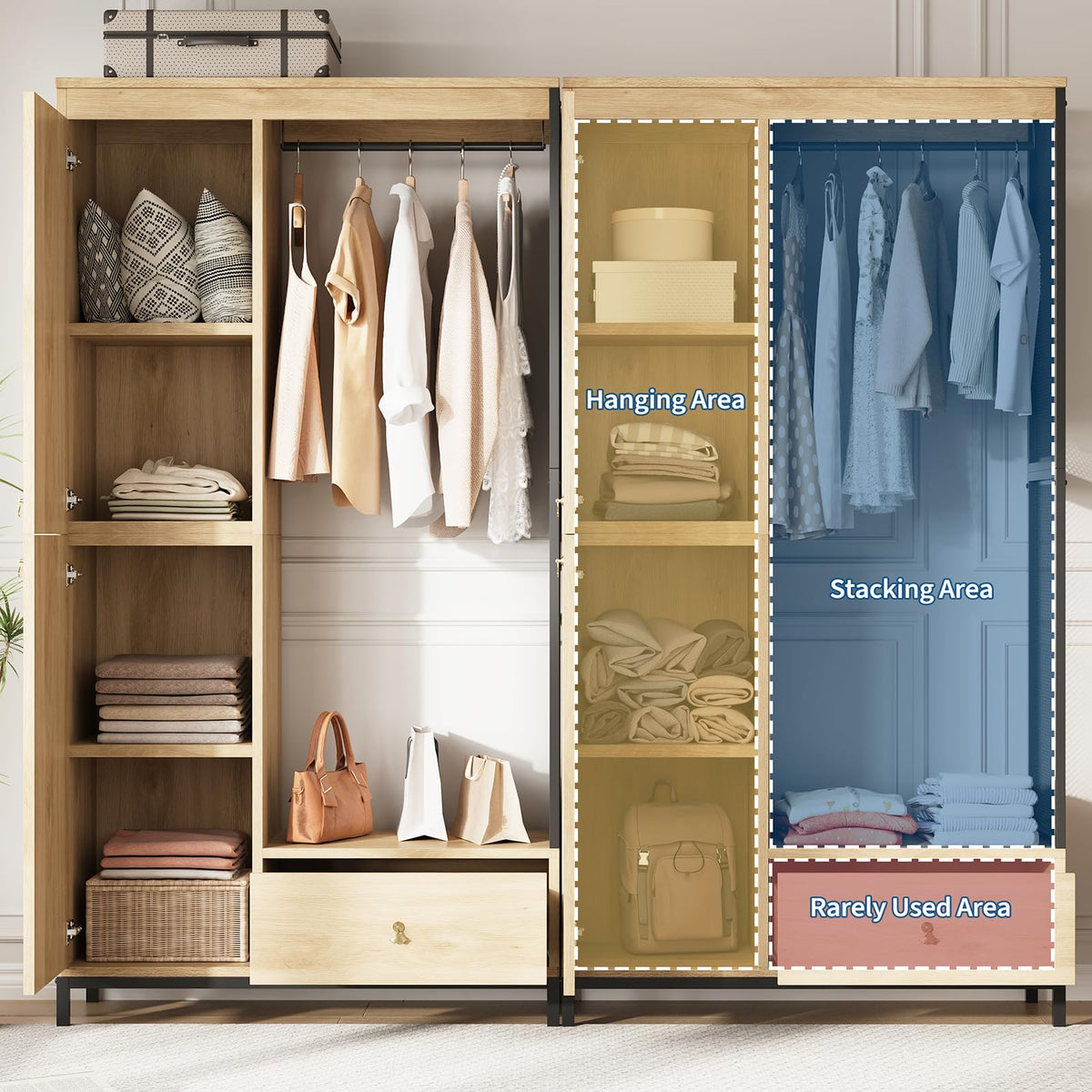 IDEALHOUSE 78.9 in Armoire Wardrobe Closet with Drawers, Wood Wardrobe Cabinet with Shelves and Hanging Rod,Clothing Storage Cabinet for Bedroom, Space-Saving Storage System for Entryway