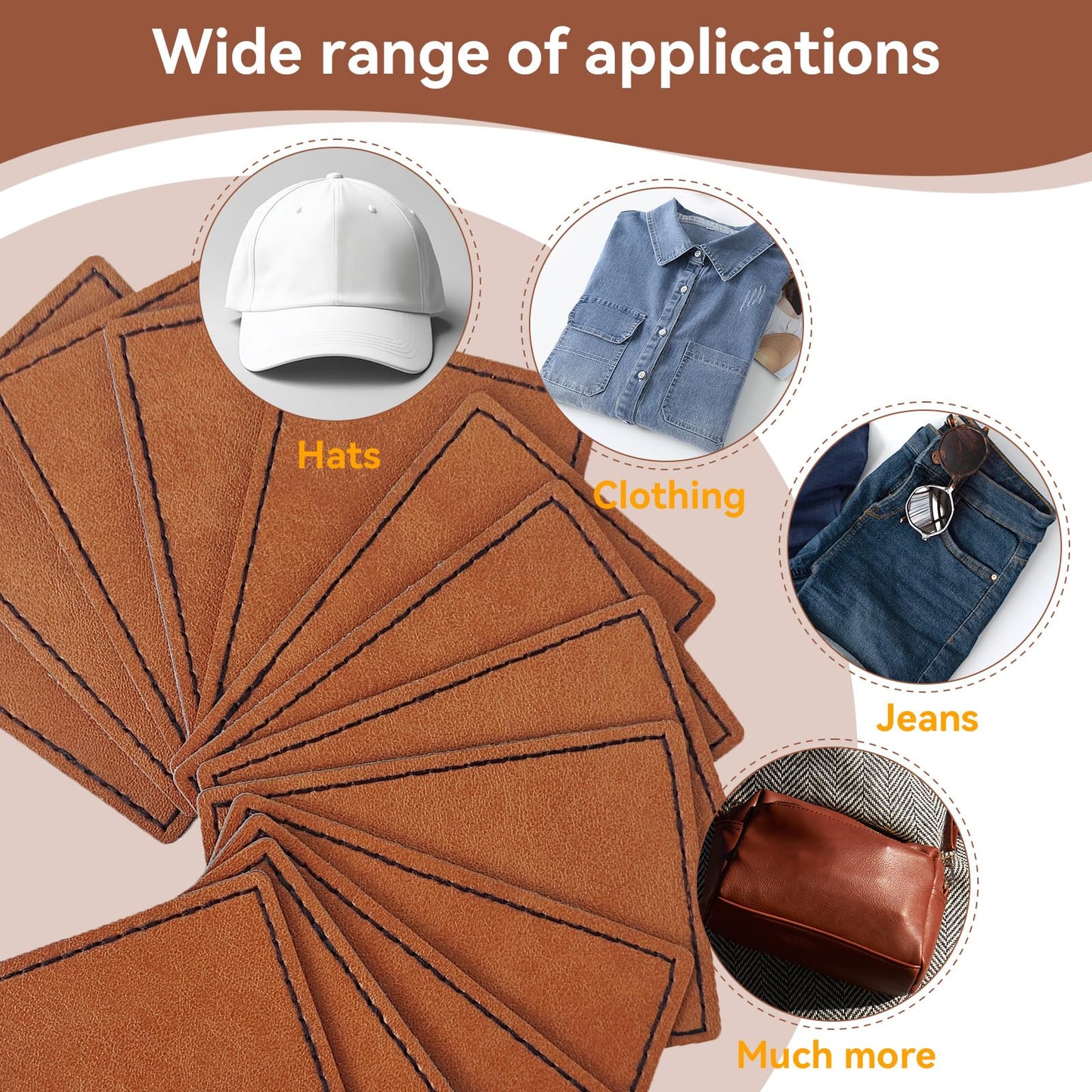 Harsgs 64PCS Blank Leatherette Hat Patches, Retangle Laserable Rustic Leatherette Patch with Adhesive for Heat Press/Transfer Iron-on, Retangle Light Brown