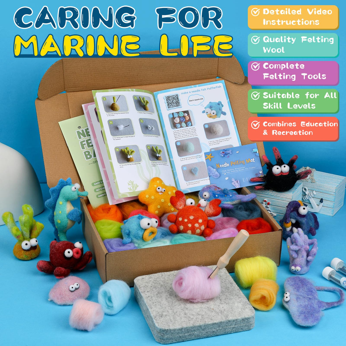 Fedmut Needle Felting Kits for Beginners Adult 12 Sea Animal Supplies with Wool Roving, Felt Art Kit, Wool Felting Kit for DIY Craft Home Decoration Party Supplies for Starters
