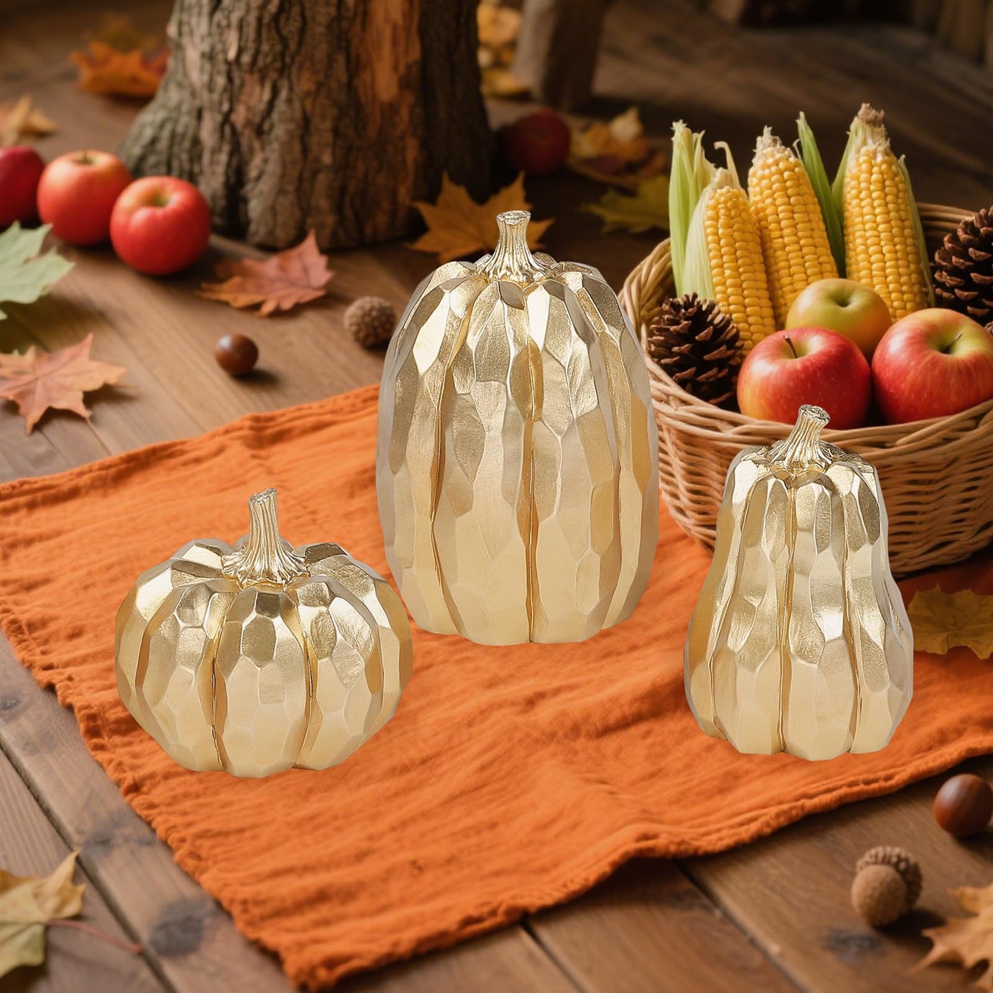 DETENE 3 Pack Thanksgiving Gold Pumpkins, Pumpkin Fall Decoration - Elegant Autumn Harvest Decor for Fall, Thanksgiving & Halloween, Perfect for Home, Table, Fireplace Mantel, Office & Kitchen