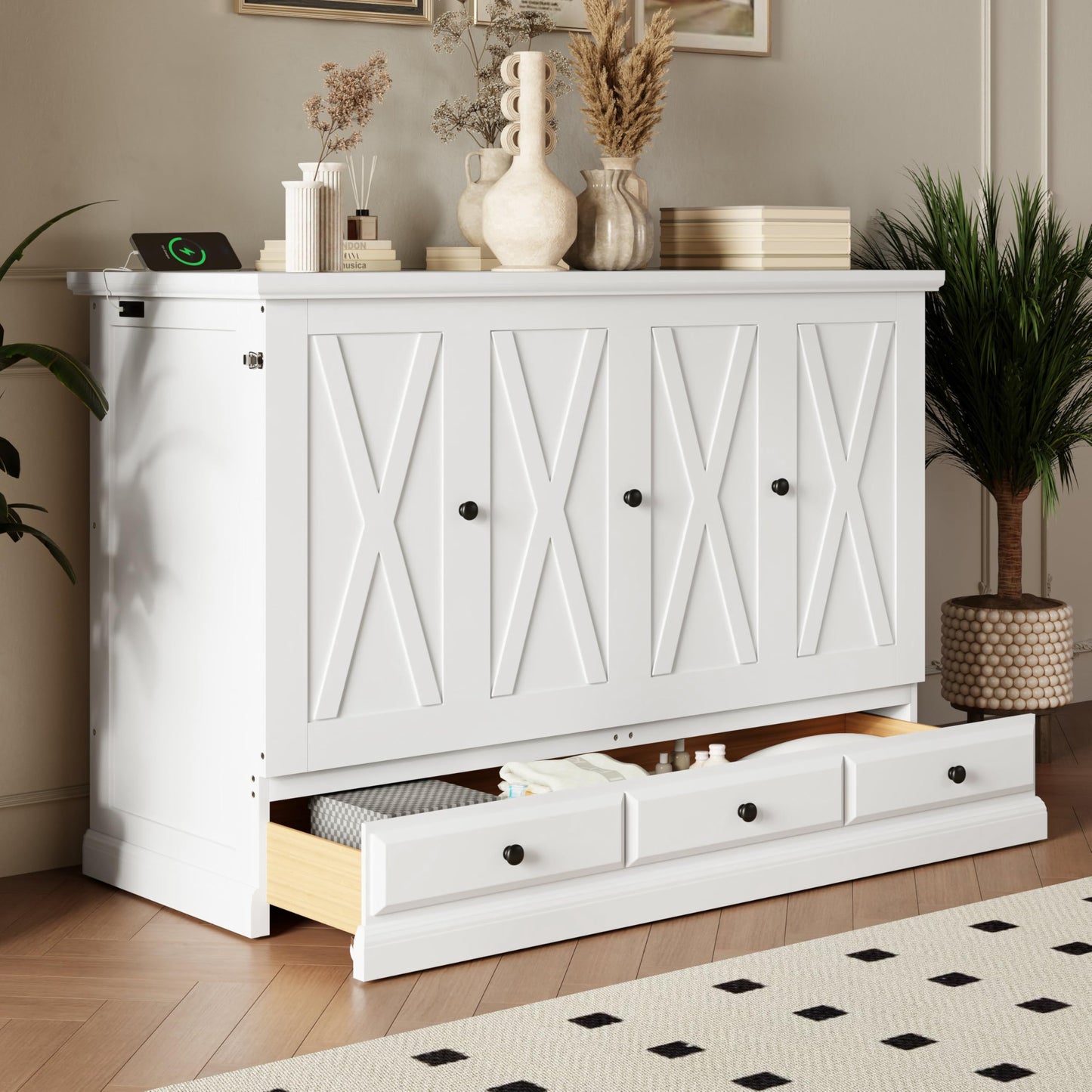 Merax Solid Pine Murphy Bed, Chest Cube Cabinet Bed with Charging Station and Large Storage Drawer for Home Office or Small Room, Full, White