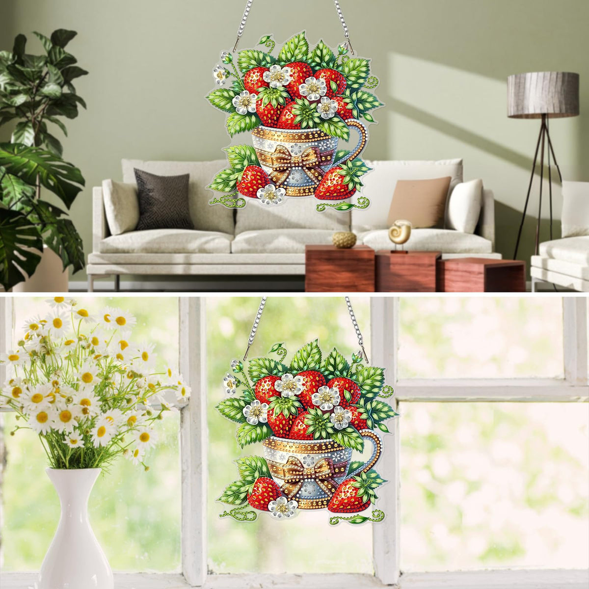 MXJSUA Strawberries Diamond Painting Art Window Suncatchers, Diamond Art Kits for Adults Hanging Ornaments with Chain, 5D Special Shape Crystal Diamond Pendant Accessories for Decor Gift 8x8 Inch