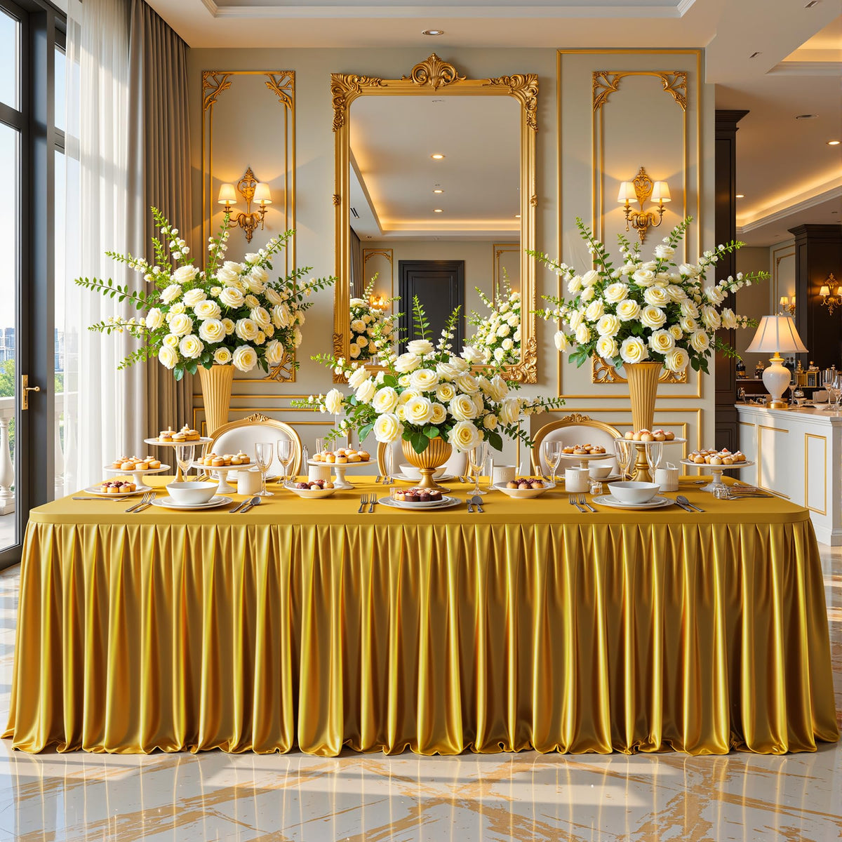 8FT Gold Satin Tablecloths for Rectangle Tables - Shiny Spandex Party Table Cover with Pleated Table Skirt, No-Wrinkle & Glossy Wedding Tablecloth One-Piece for Birthday Baby Shower Banquet Ceremony
