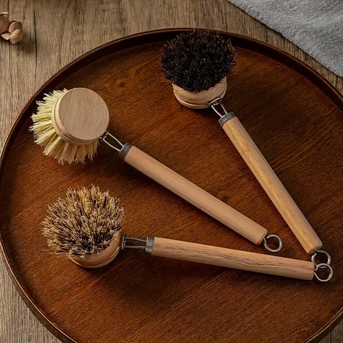 SUPRNN Bamboo Dish Brush with Handle, 1 Sturdy Wooden Handle with 3 Natural Bristle Heads, Horsehair, Sisal, Palm - All Purpose Kitchen Scrubber, Bamboo Wok Brush, Fruit and Veggie Scrubber