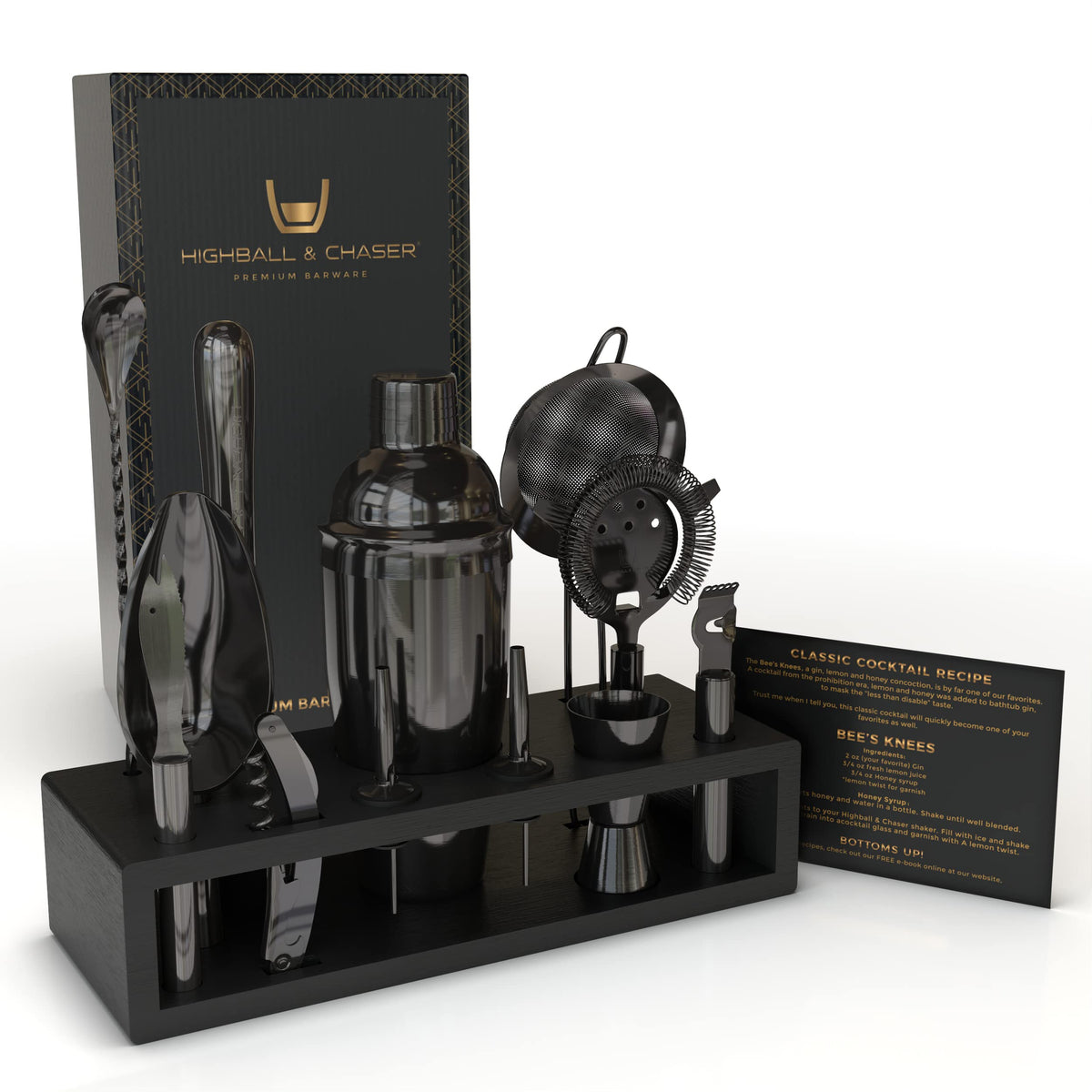 Highball & Chaser 13-Piece Cobbler Cocktail Shaker Set: Black Polished Stainless Steel Bartender Kit for Home Bar Set | Laser Engraved Tools Plus E-Book with 30 Recipes