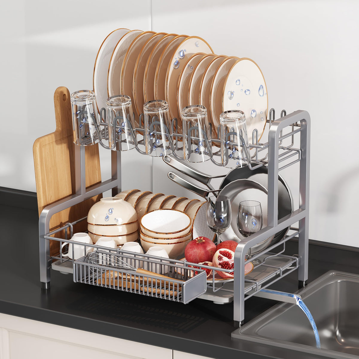 2 Tier Dish Drainer Drying Rack for Kitchen Counter, Large Stainless Steel Dishes Dryer with Drainboard, Space Saving, Big Rustproof Metal Modern Countertop Plates Strainer with Utensil Holder, Sliver