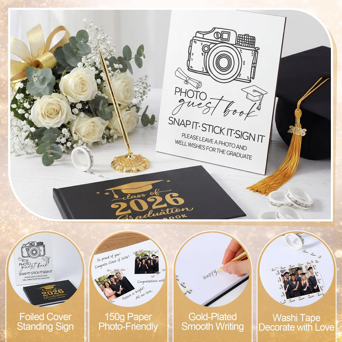 Gersoniel 8 Pcs 2026 Graduation Guest Book Set Photo Sign in Book 100 Pages Class of 2026 Scrapbook Photo Album with Pen Wooden Display Stand Washi Tape DIY for Grad High School College Party Supplies