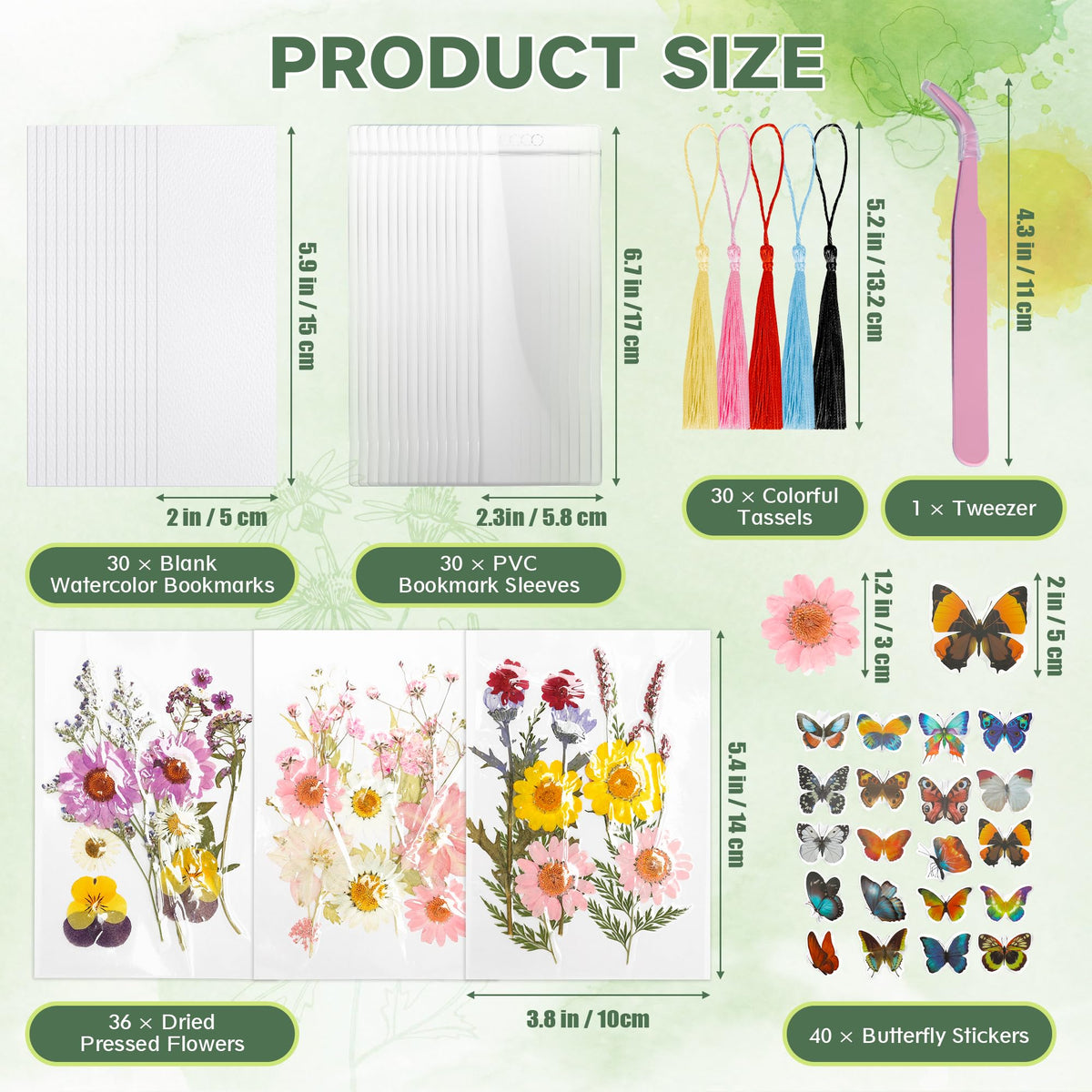 DIY Bookmark Making Kit – 30 Sets with Blank Watercolor Bookmarks, Pressed Flowers, Butterfly Stickers, Tassels, Sleeves & Tweezer – Fun Craft Kit for Painting, Unique Gifts, Book Lovers