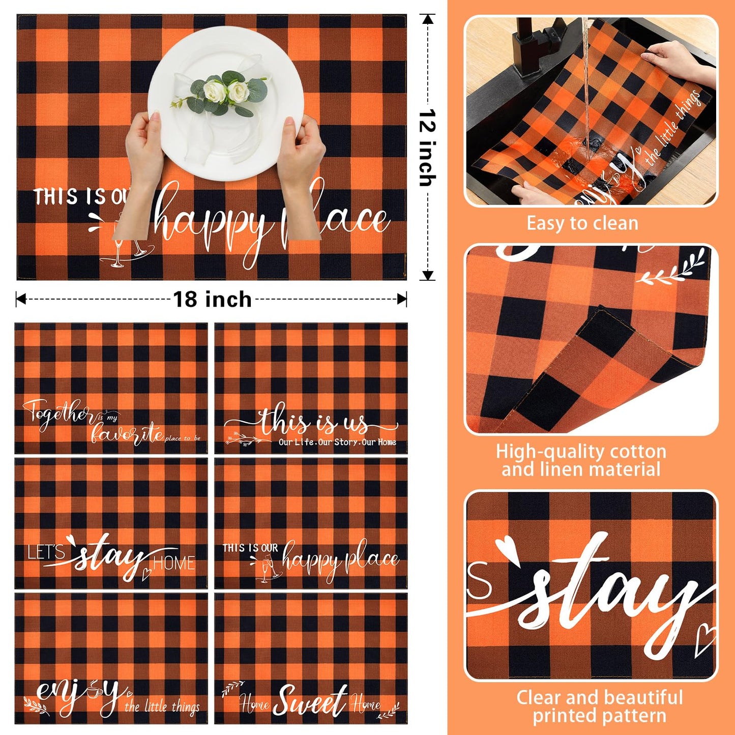 Hahafelt 6 Pack Halloween Placemats 12"x18" 6 Styles Rustic Table Mats with Sayings Washable Halloween Party Table Decorations Fall Thanksgiving Autumn Harvest Kitchen Decor(Orange, Black,Plaid)
