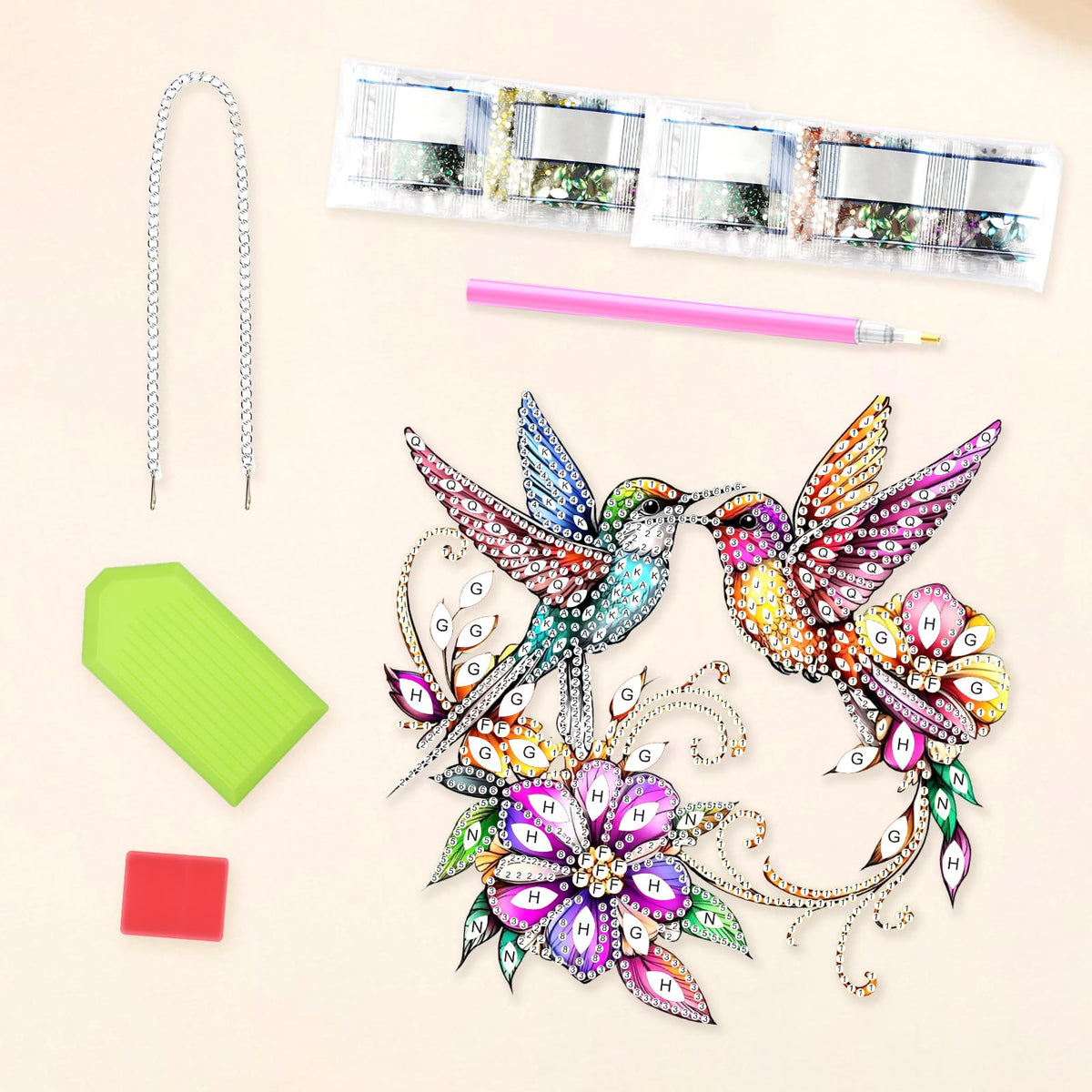 Lxmsja DIY Colorful Hummingbirds Diamond Painting Hanging Ornament, Double-Sided Acrylic Bright Flowers Diamond Art Kit, Special Shaped Suncatcher Hanging Pendant Window Art Kit 8x8 inch
