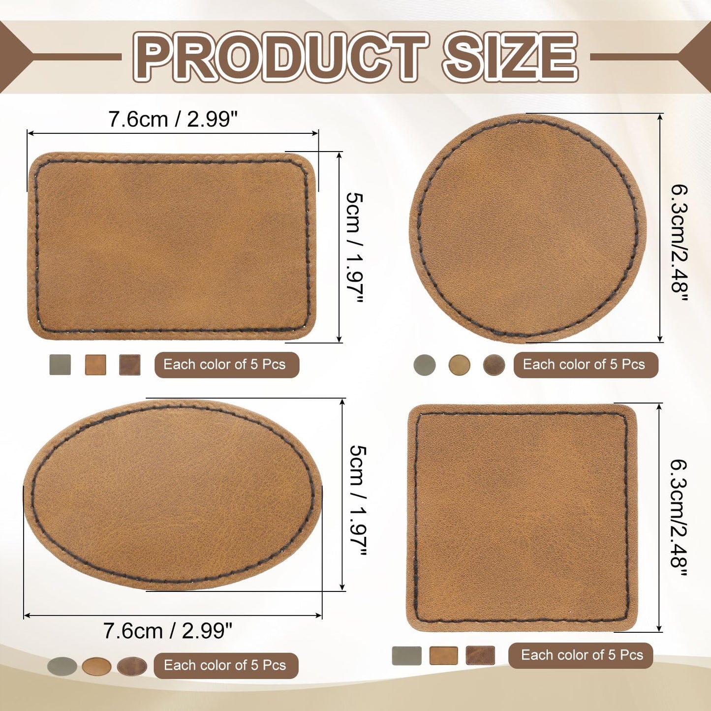 MECCANIXITY Blank Leatherette Patches, Faux Leather Hats Patches Sets with Adhesive Iron-on Heat Press Engraved for Hats DIY Fabric Repair Sew(Light Brown/Brown/Khaki, Pack of 60)