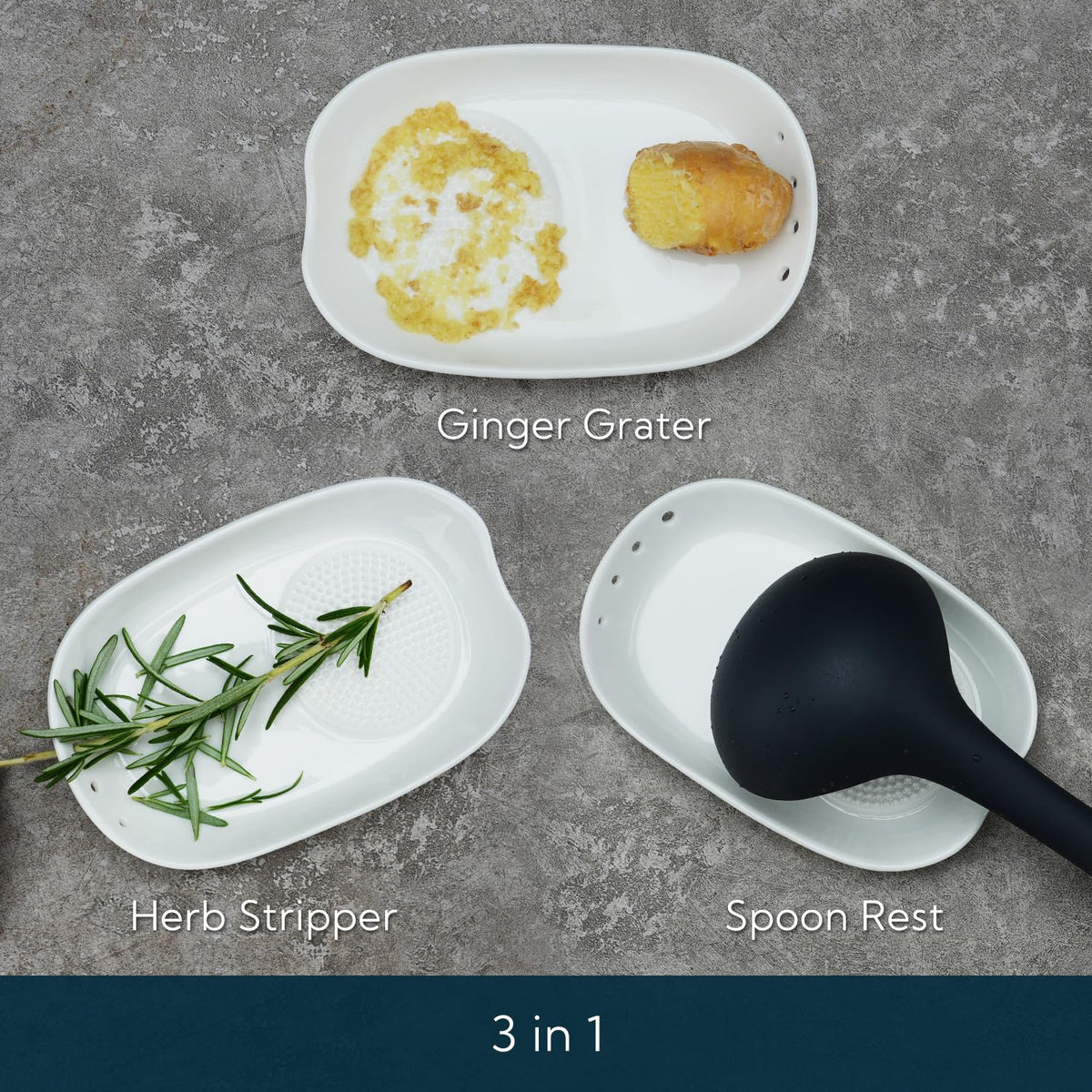KITCHENDAO 3 in 1 Porcelain Ginger Grater Tool Spoon Rest Herb Stripper, 6.5 x 4.3 inches for Kitchen, Japanese Ceramic Garlic Grinding Wasabi Grater Plate Dish for Daikon Radish & Parmesan Cheese