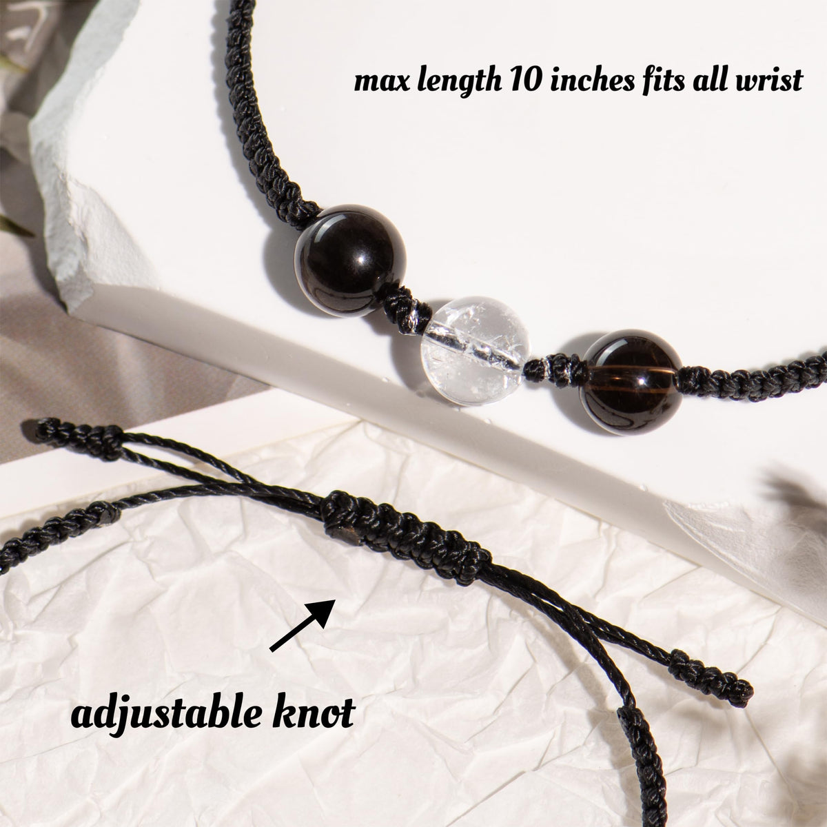 AuraKnots Protection Bracelet, Crystal Bracelets with Genuine Gemstones for Aura Protection & Grounding, Hand-Knotted with Smoky Quartz, White Azeztulite & Silver Obsidian, Adjustable for Women & Men