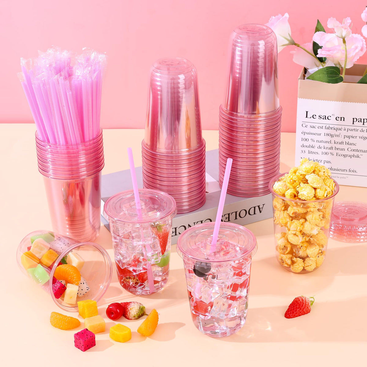 KesaPlan 50 Pack 16 oz Pink Plastic Party Cups with Lids and Straws, Disposable Iced Coffee Cup with Lids, Round Bottom Drinking Cups for Birthday Wedding Valentine's Galentine's Bachelorette Party